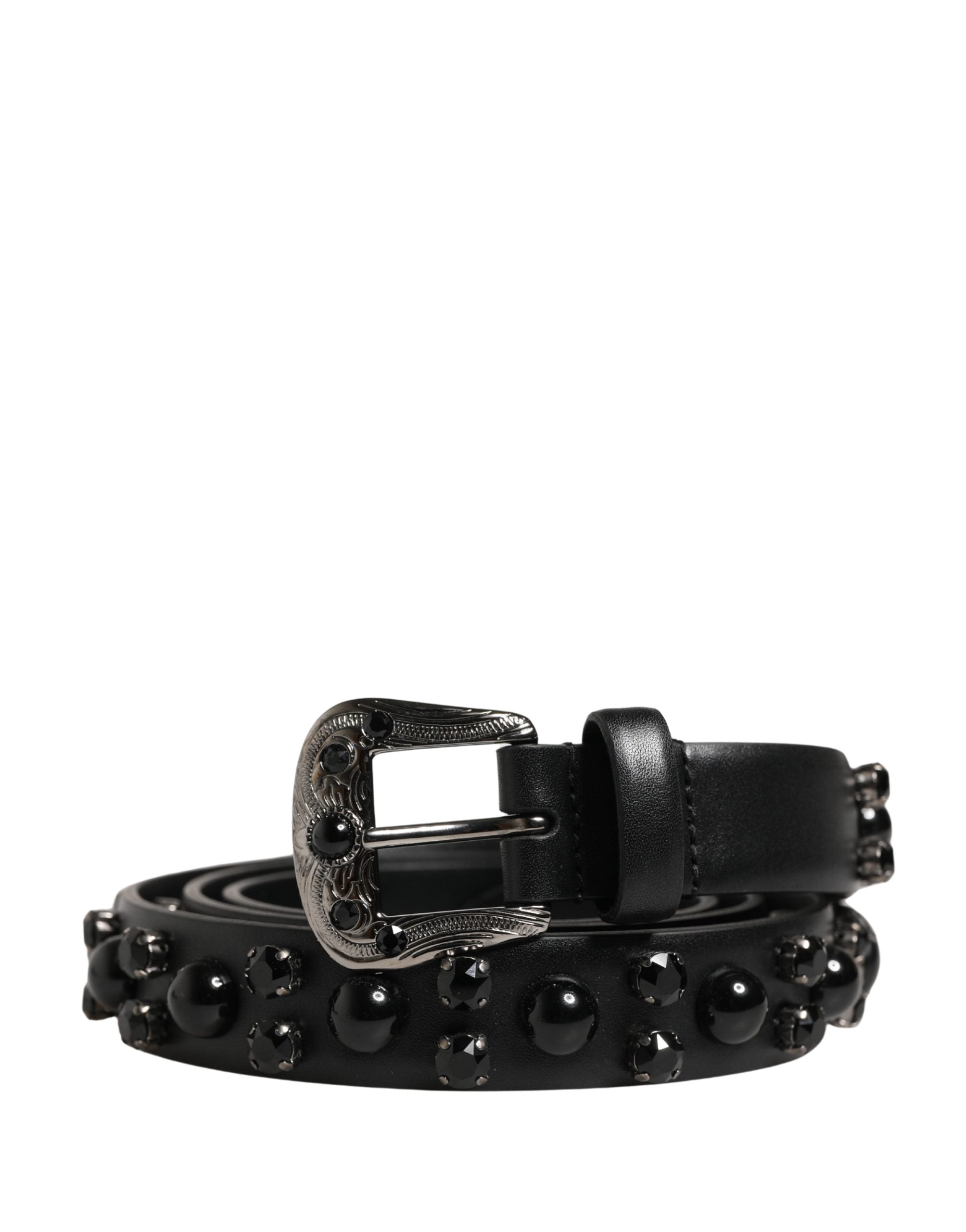 Men Black Calf Embellished Metal Buckle Belt - ventzia
