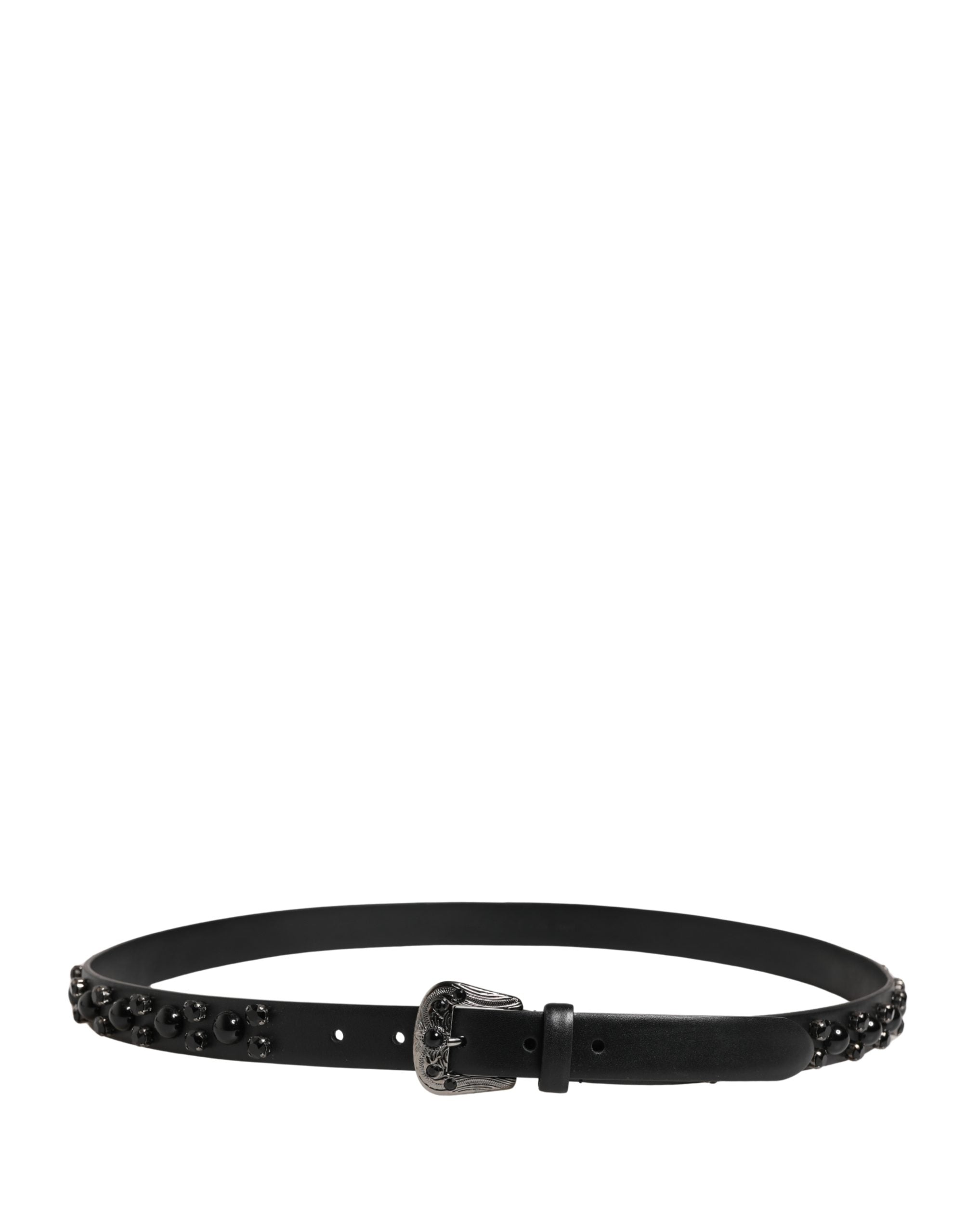 Men Black Calf Embellished Metal Buckle Belt - ventzia