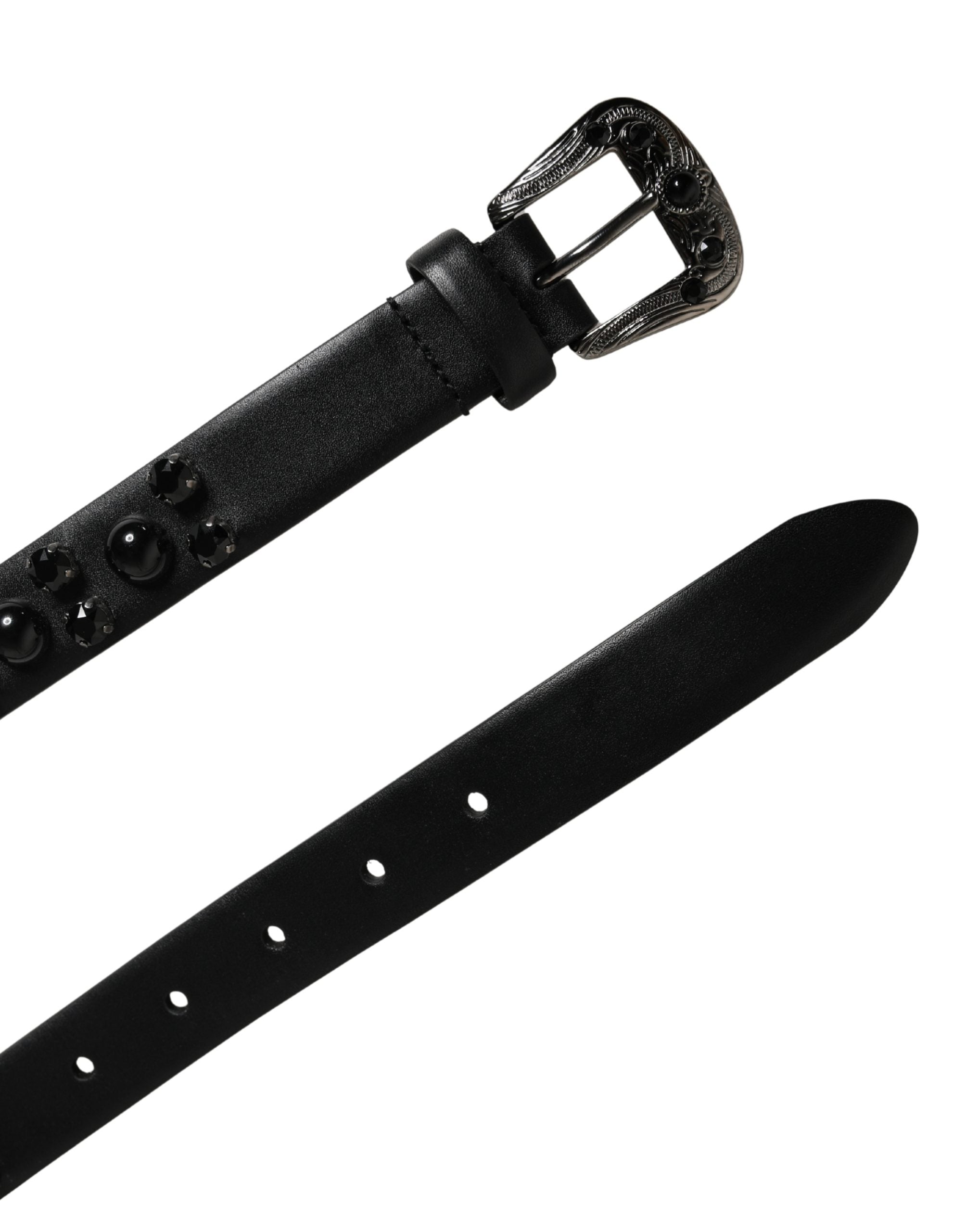 Men Black Calf Embellished Metal Buckle Belt - ventzia