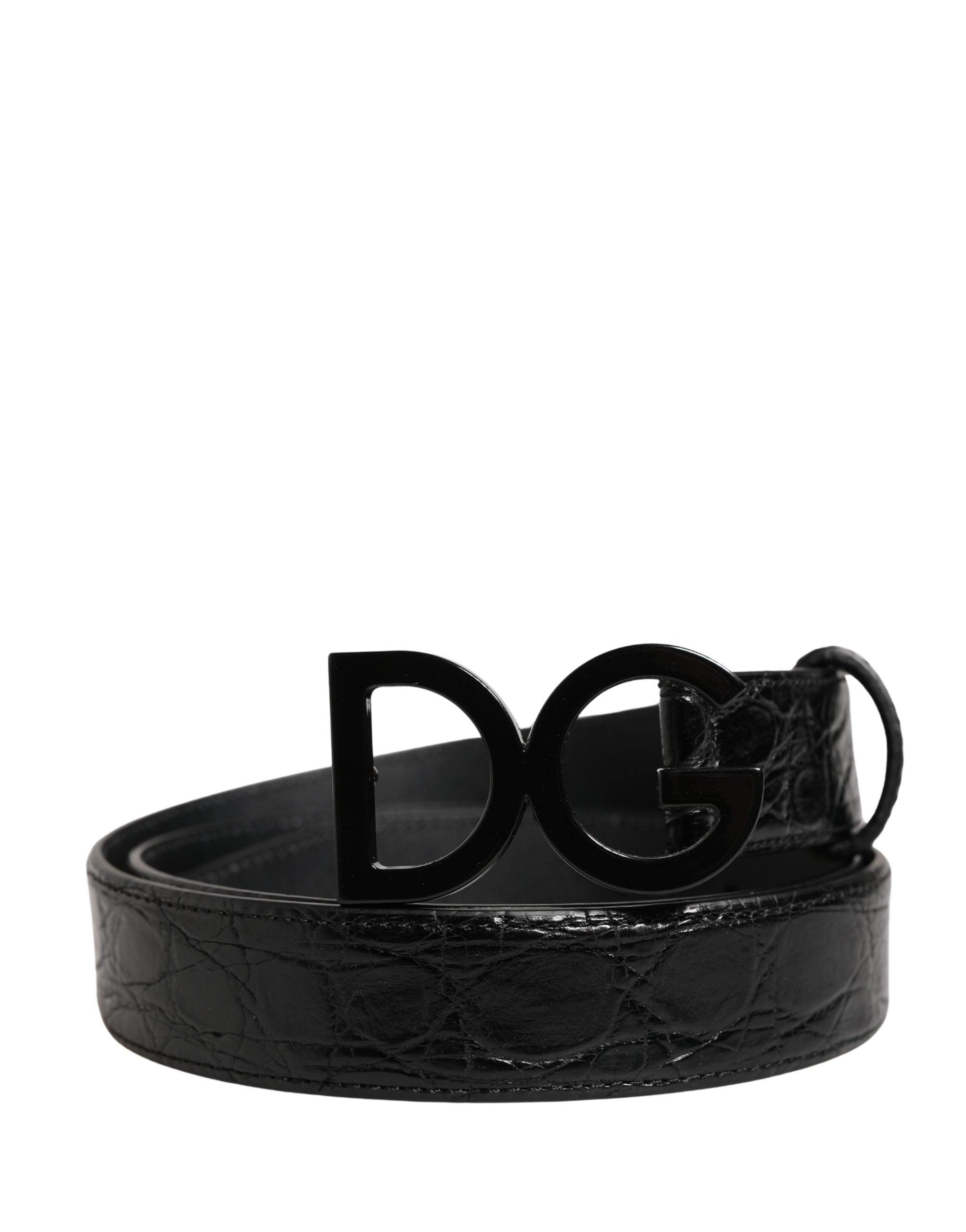 Men Black Exotic Leather Logo Buckle Belt - ventzia