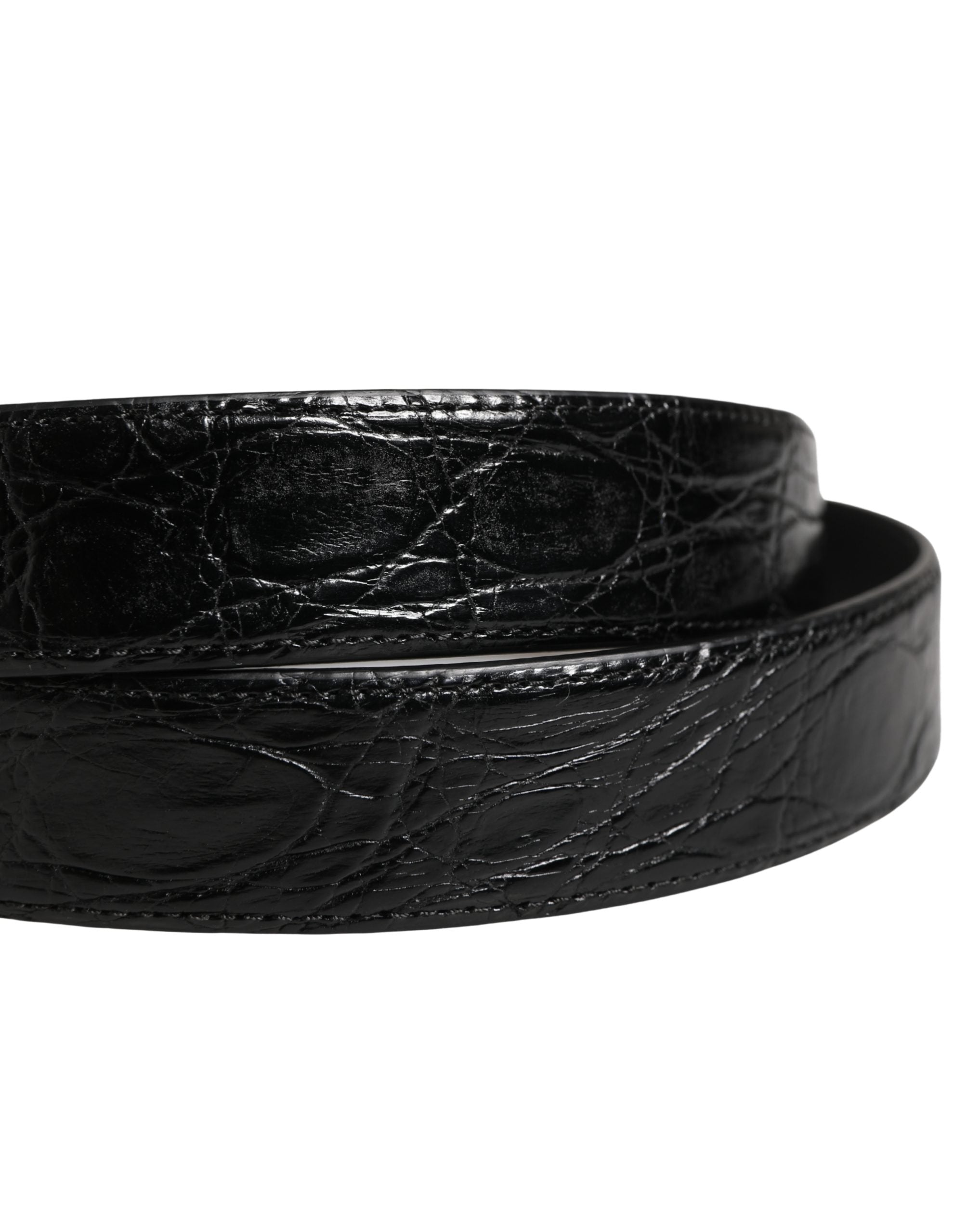 Men Black Exotic Leather Logo Buckle Belt - ventzia
