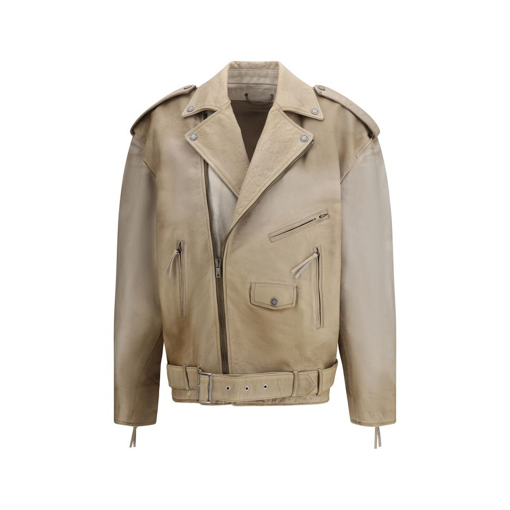 Beige Buffalo Leather Biker Jacket - ventzia