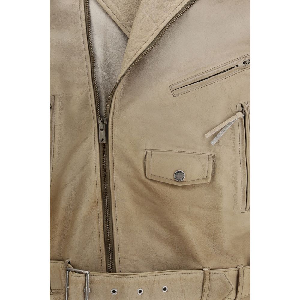 Beige Buffalo Leather Biker Jacket - ventzia