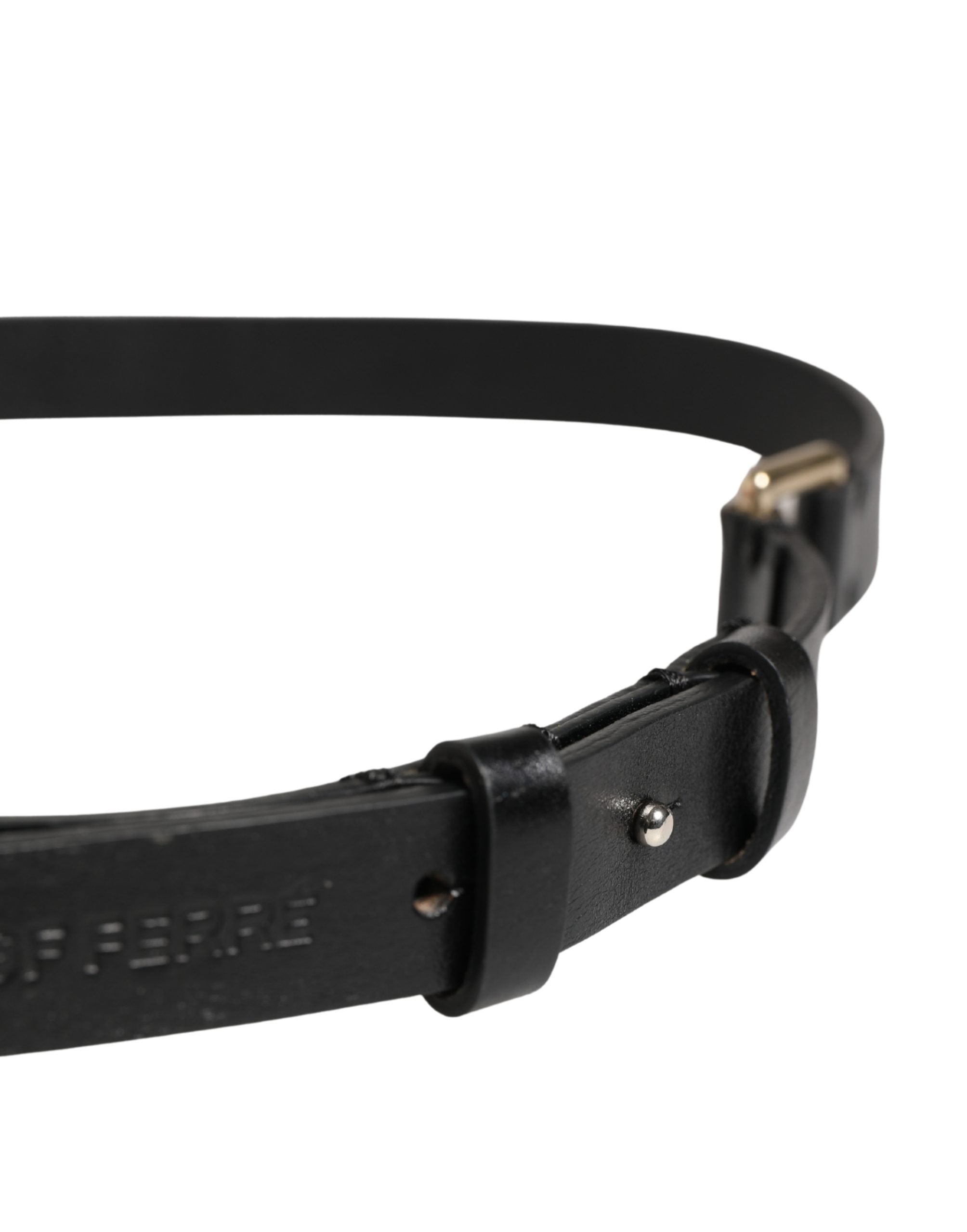 Black Leather Thin Gold Metal Brass Buckle Waist Belt - ventzia