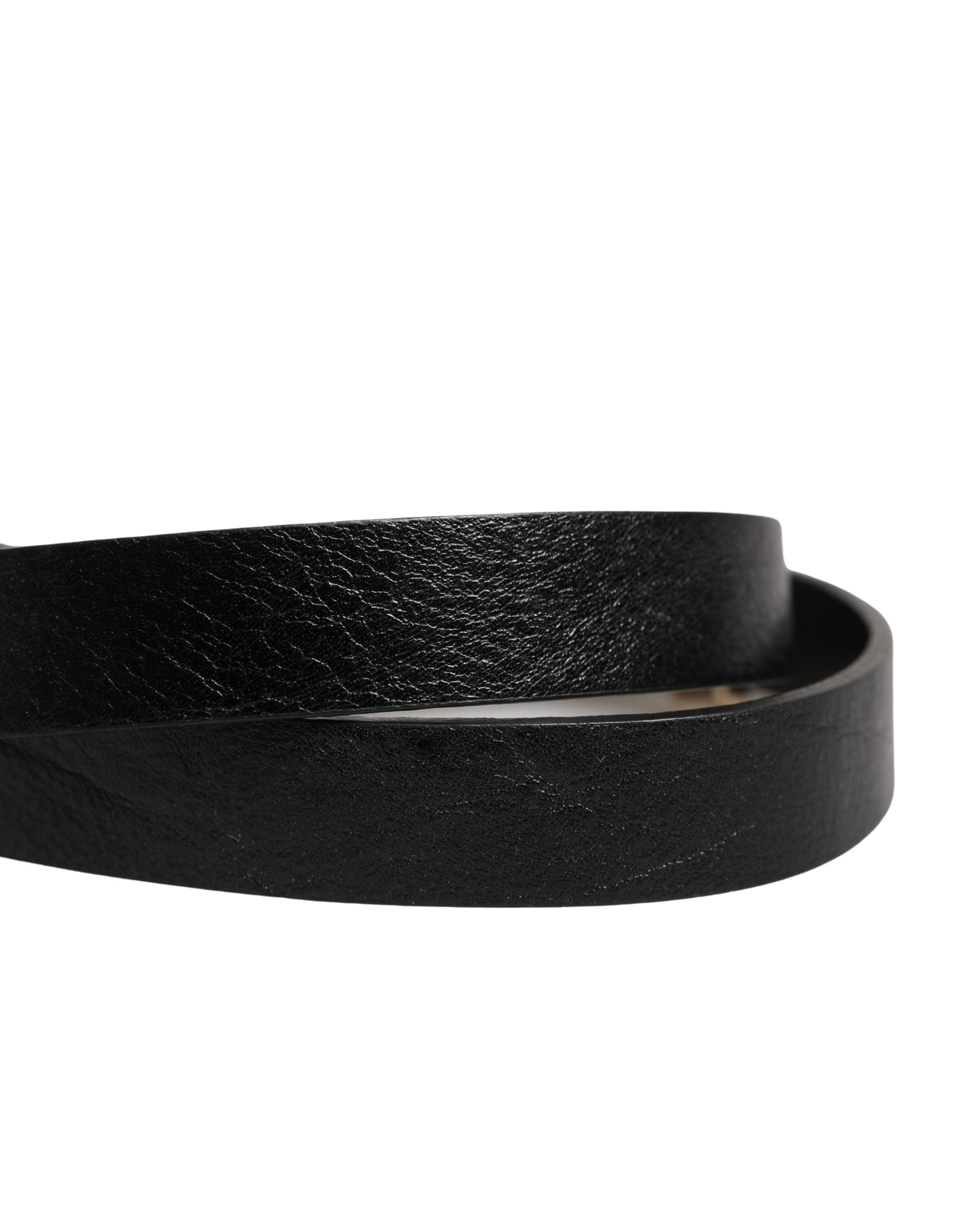 Black Leather Thin Gold Metal Brass Buckle Waist Belt - ventzia