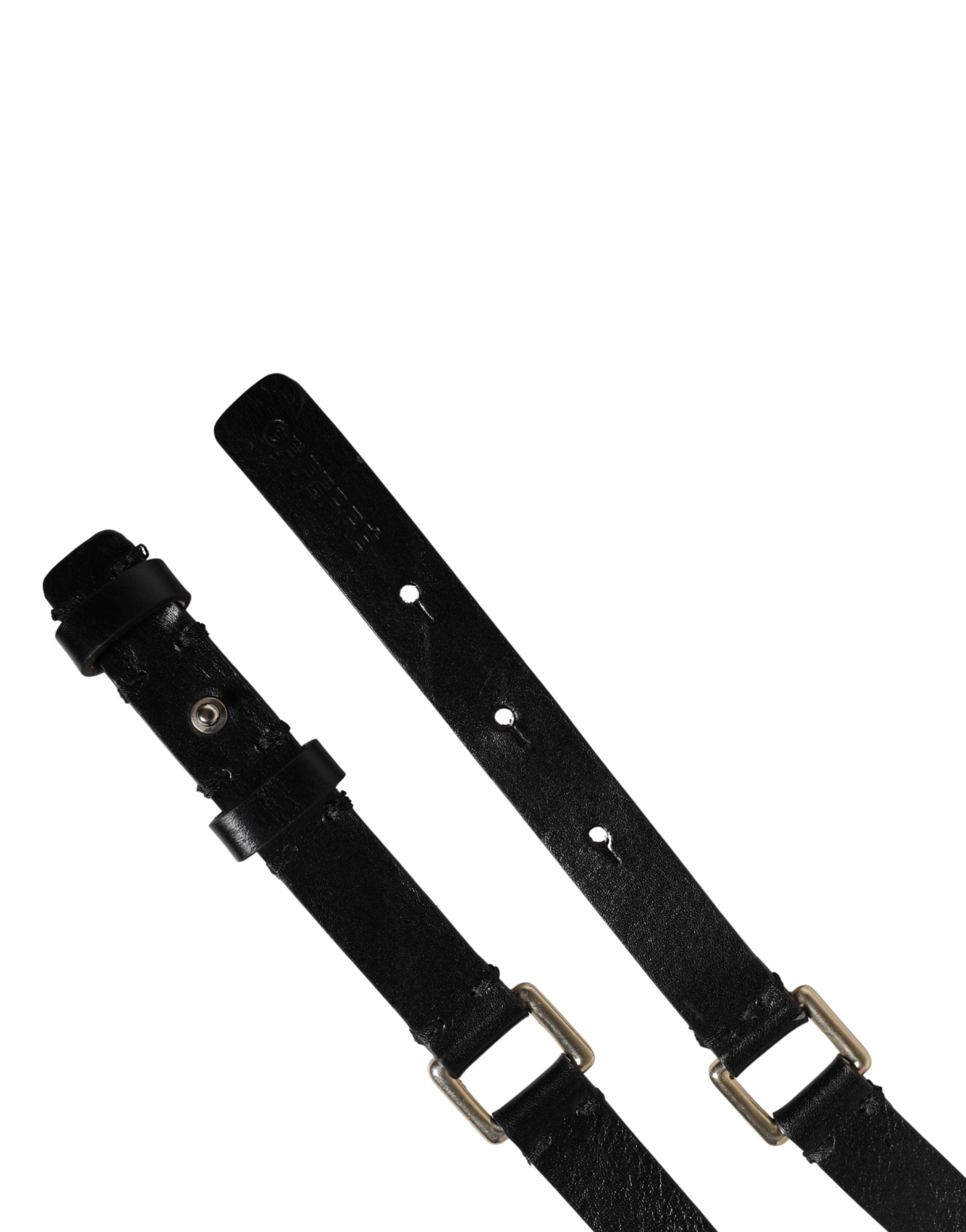 Black Leather Thin Gold Metal Brass Buckle Waist Belt - ventzia