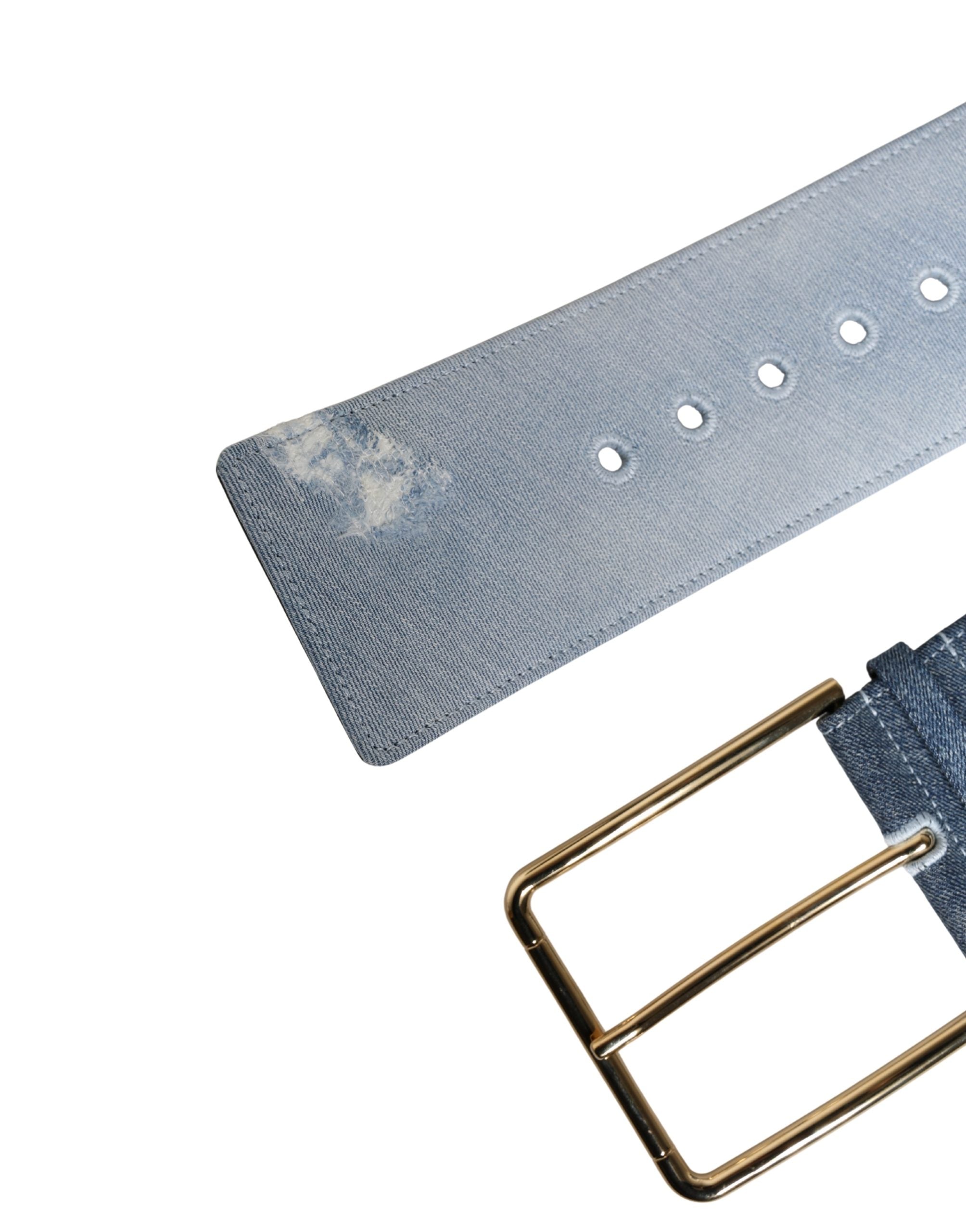 Blue Two Tone Denim Gold Metal Buckle Belt - ventzia