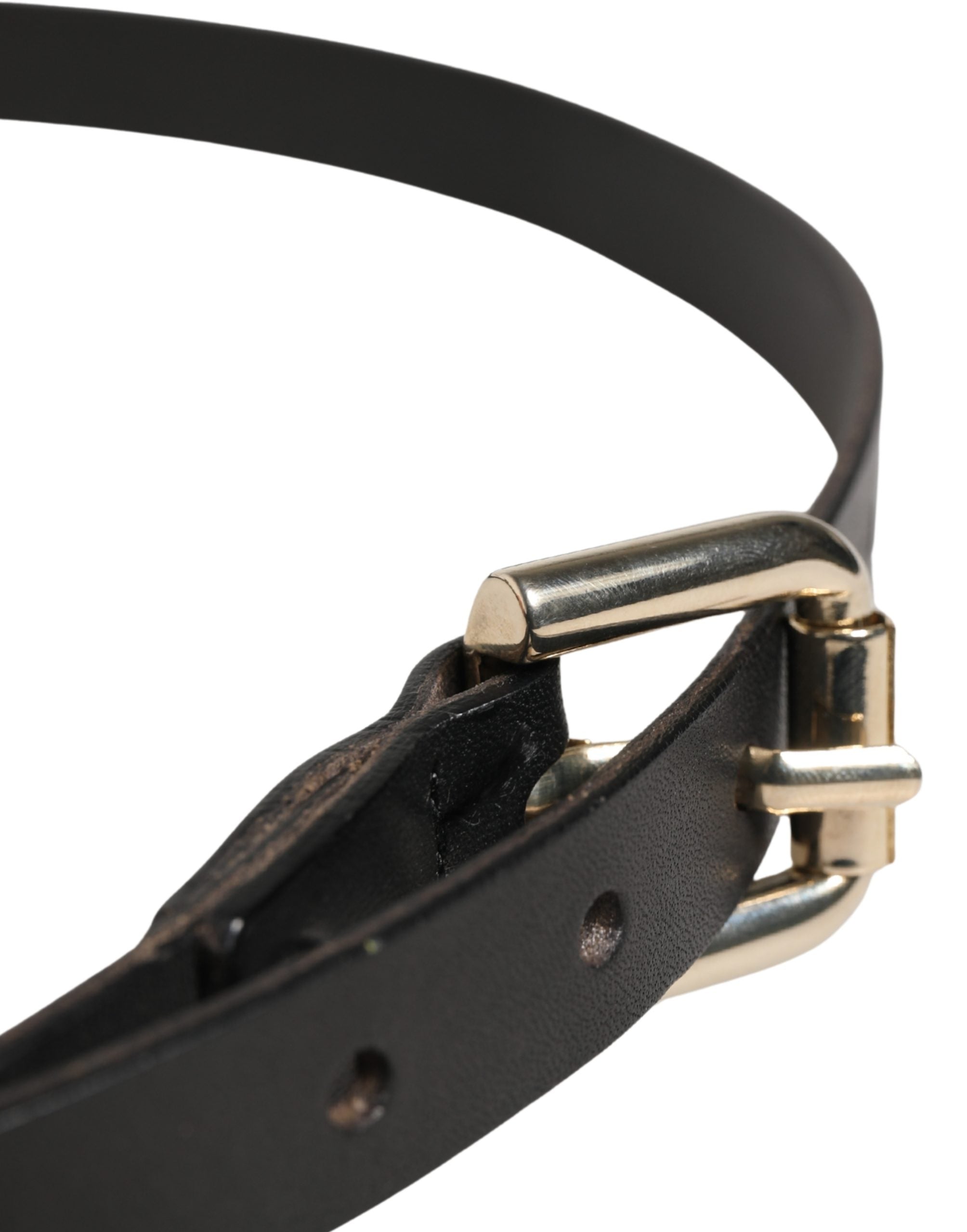 Black Leather Slim Gold Tone Buckle Waist Men Belt - ventzia