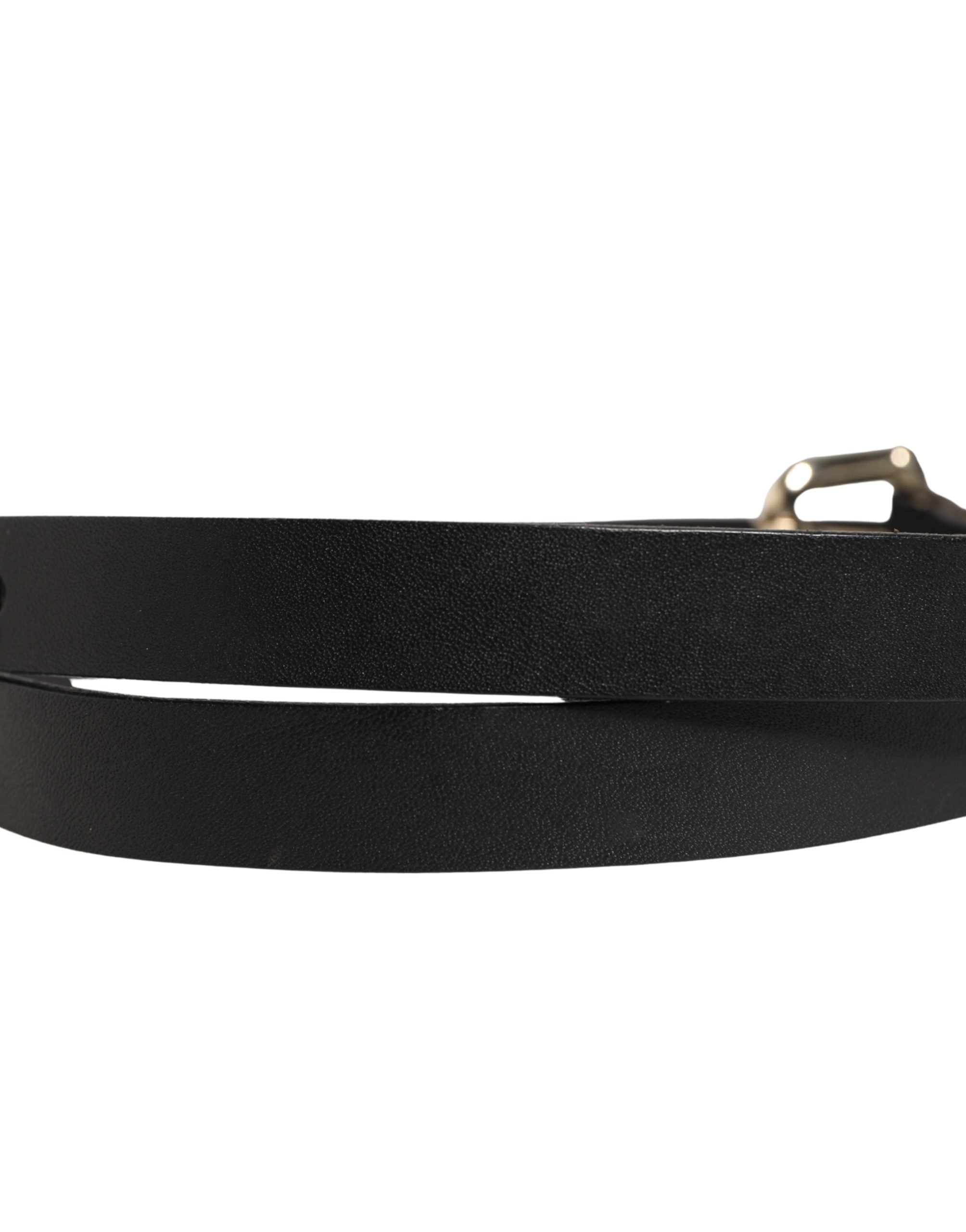 Black Leather Slim Gold Tone Buckle Waist Men Belt - ventzia