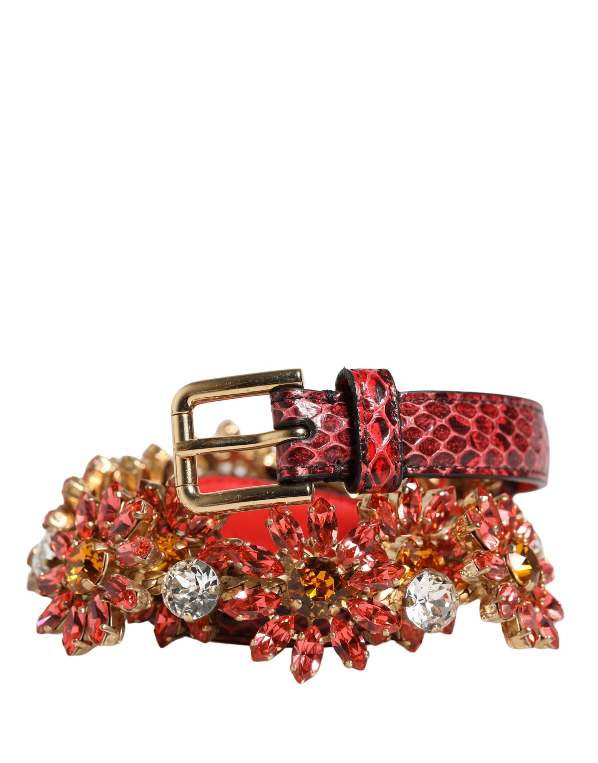 Red Leather Daisy Crystal Embellished Waist Belt - ventzia