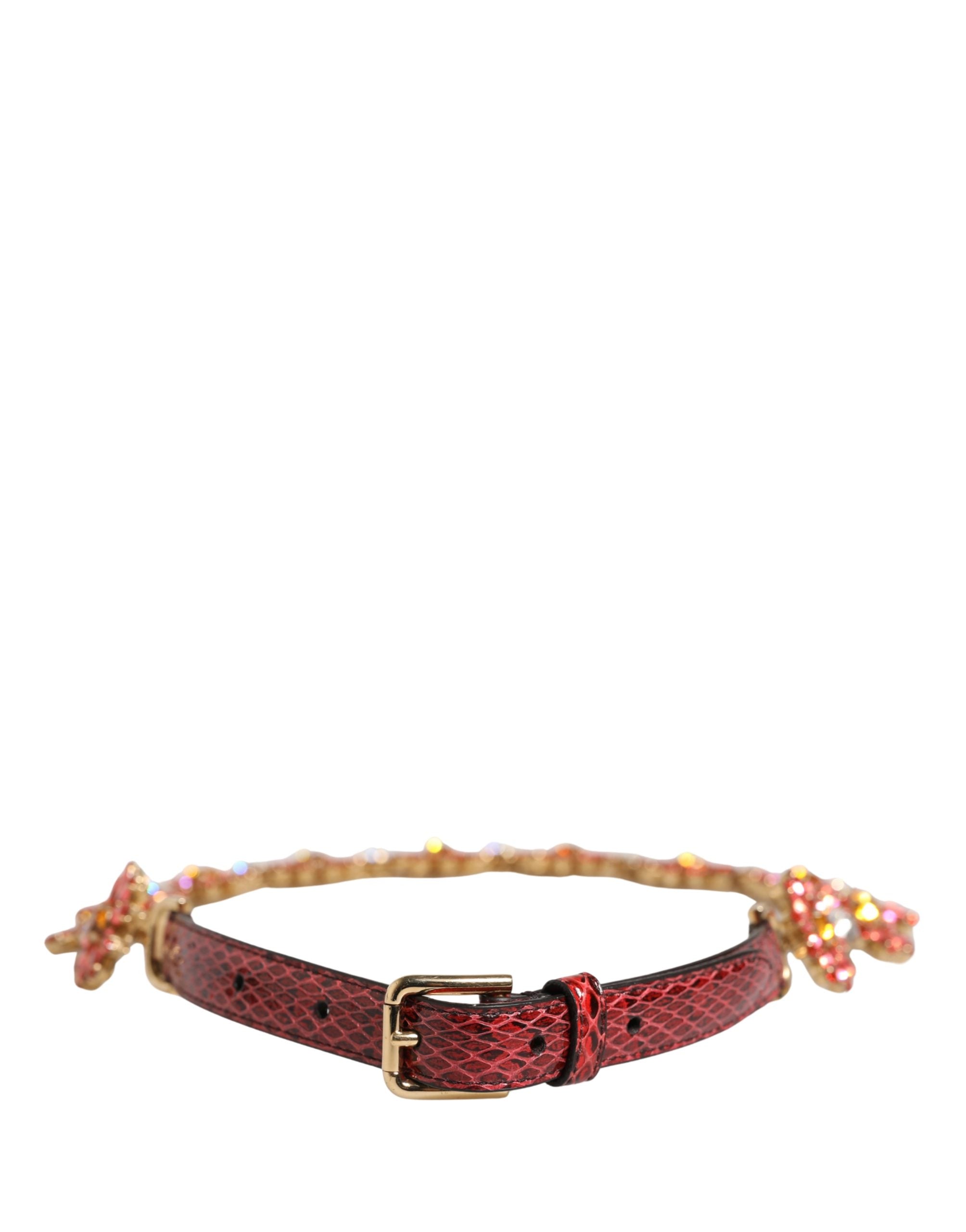 Red Leather Daisy Crystal Embellished Waist Belt - ventzia