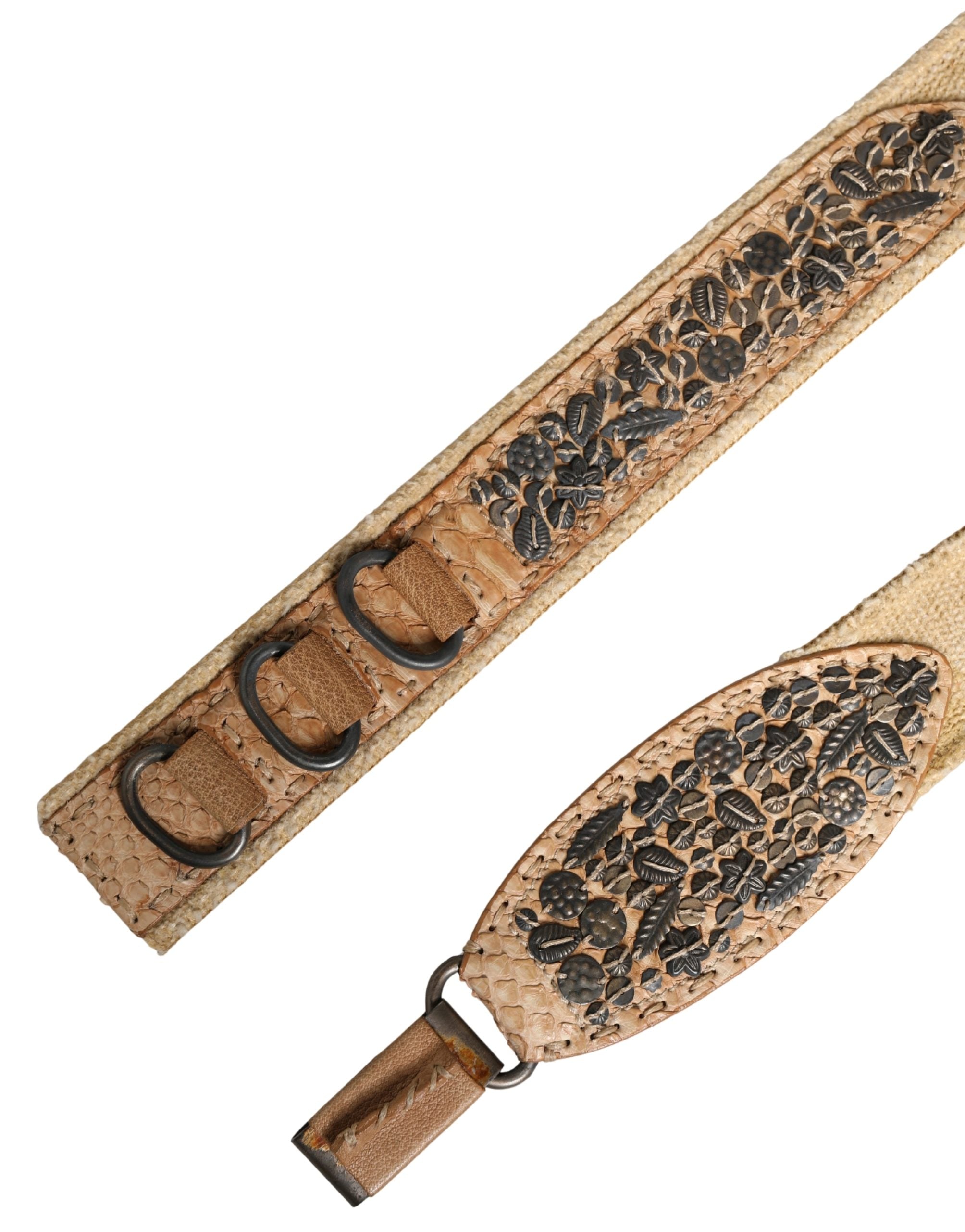 Beige Canvas Embellished Metal Buckle Belt - ventzia