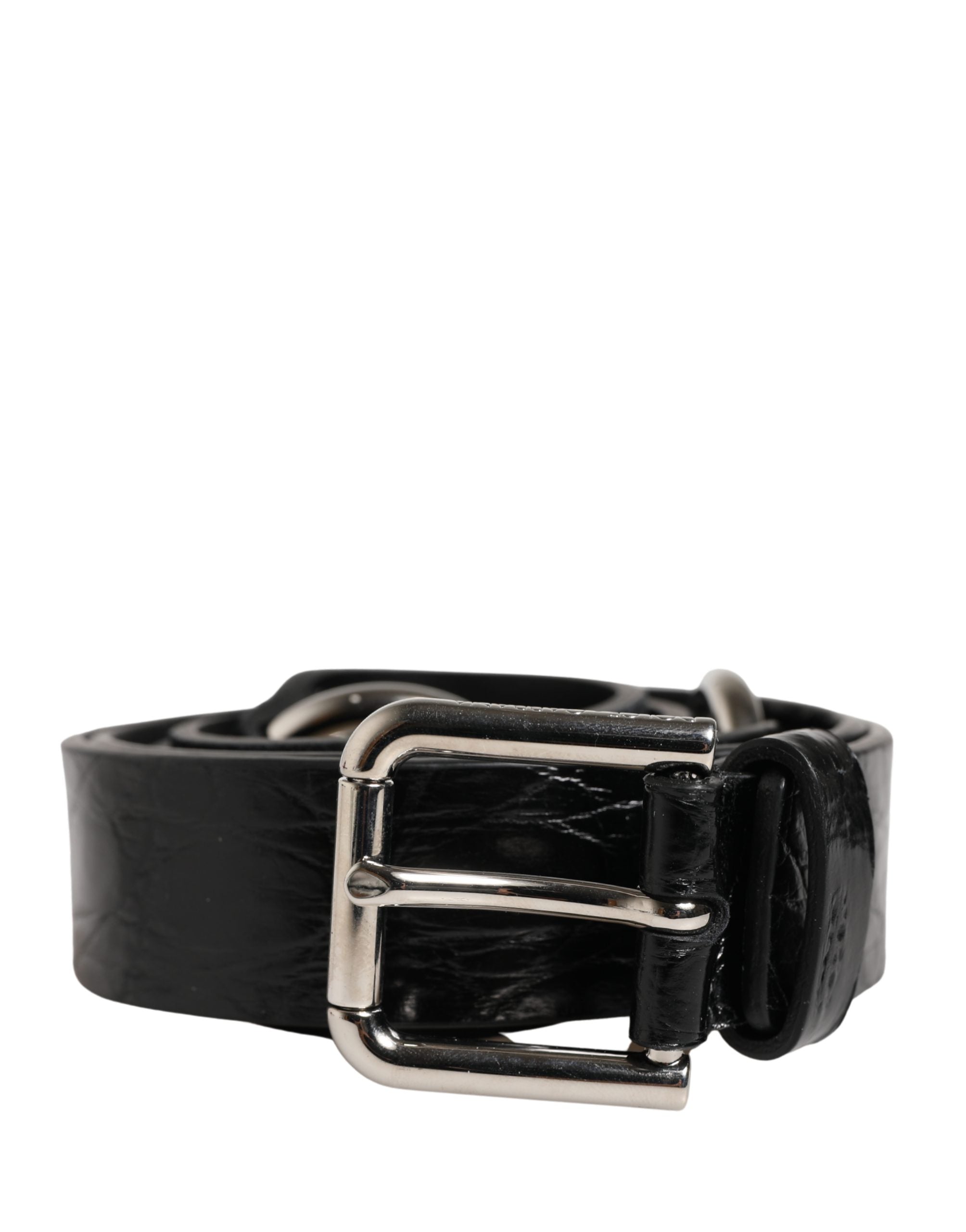 Black Exotic Leather Silver Metal Buckle Belt - ventzia