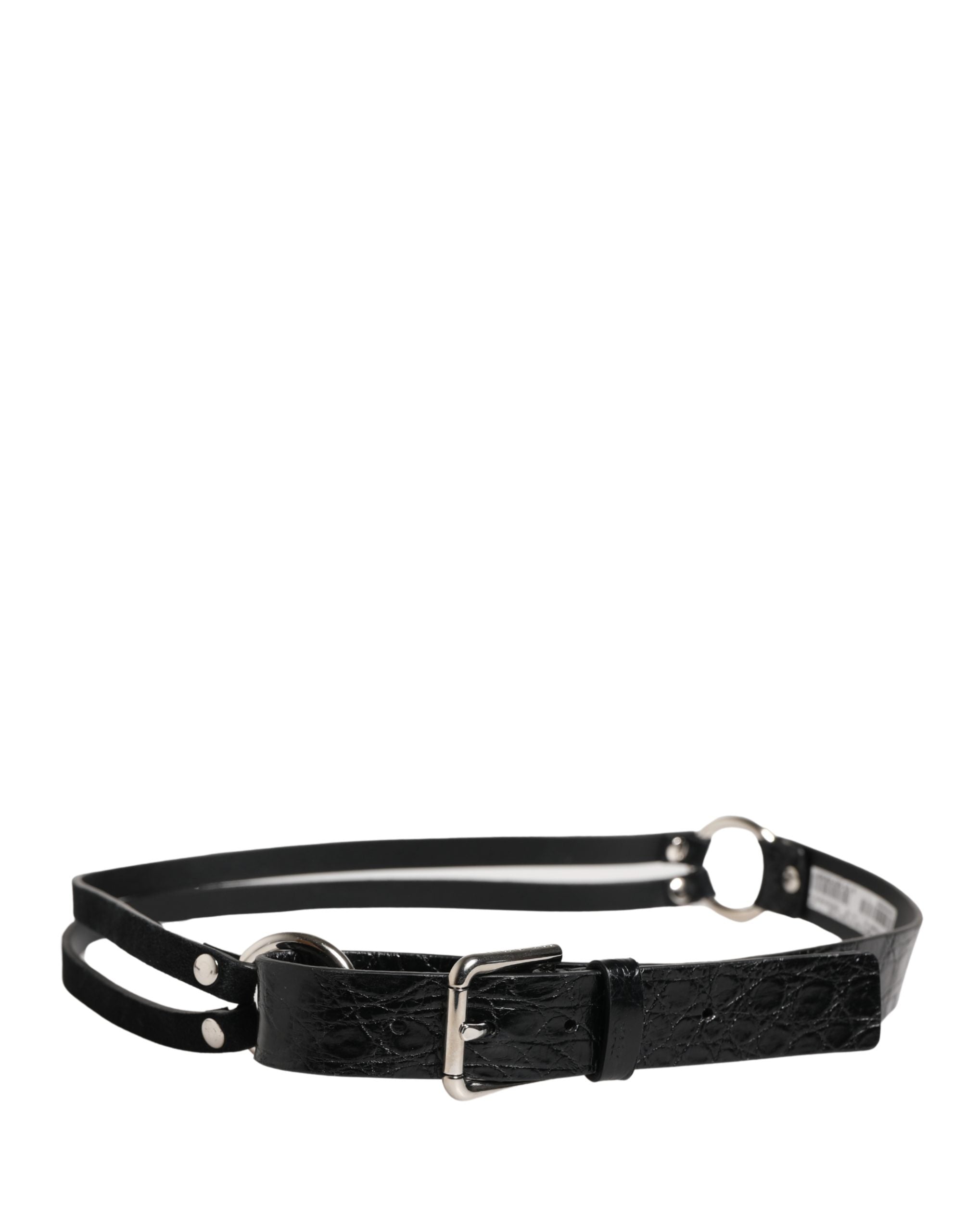 Black Exotic Leather Silver Metal Buckle Belt - ventzia