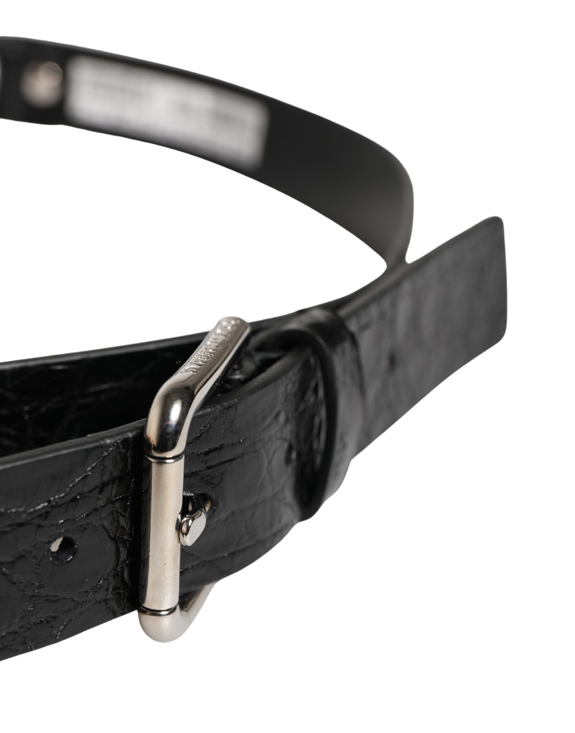 Black Exotic Leather Silver Metal Buckle Belt - ventzia