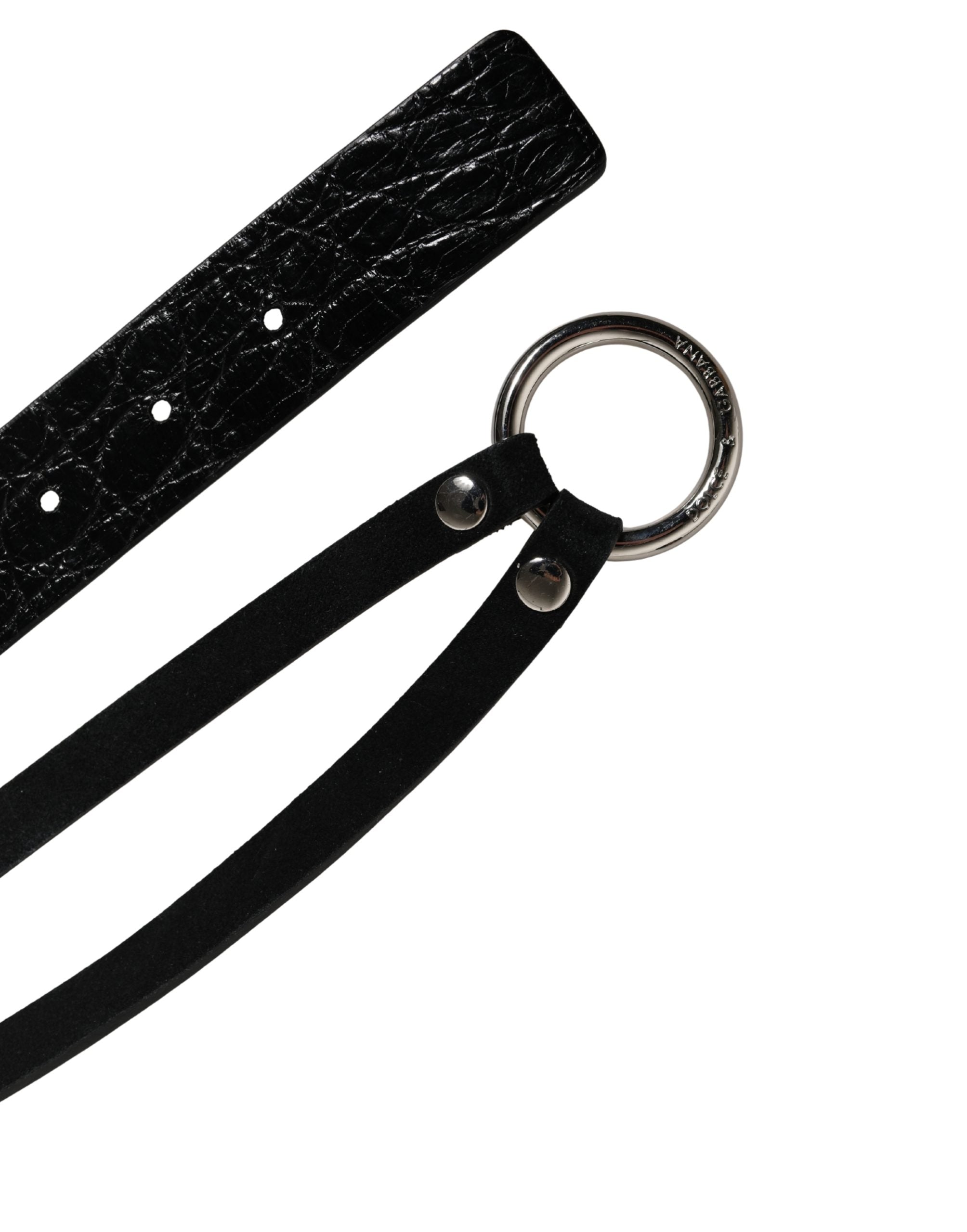 Black Exotic Leather Silver Metal Buckle Belt - ventzia