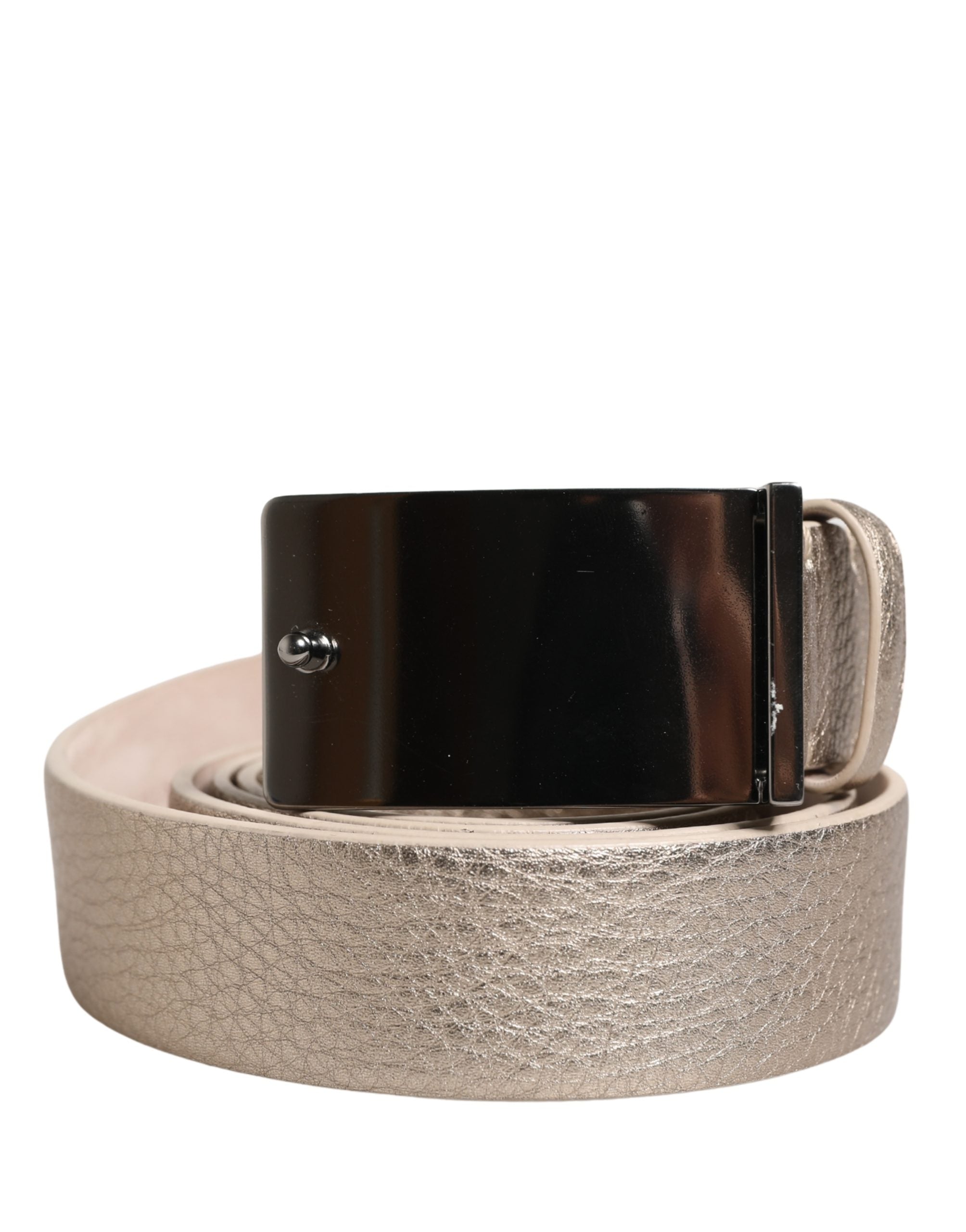 Metallic Beige Leather Silver Metal Buckle Belt - ventzia