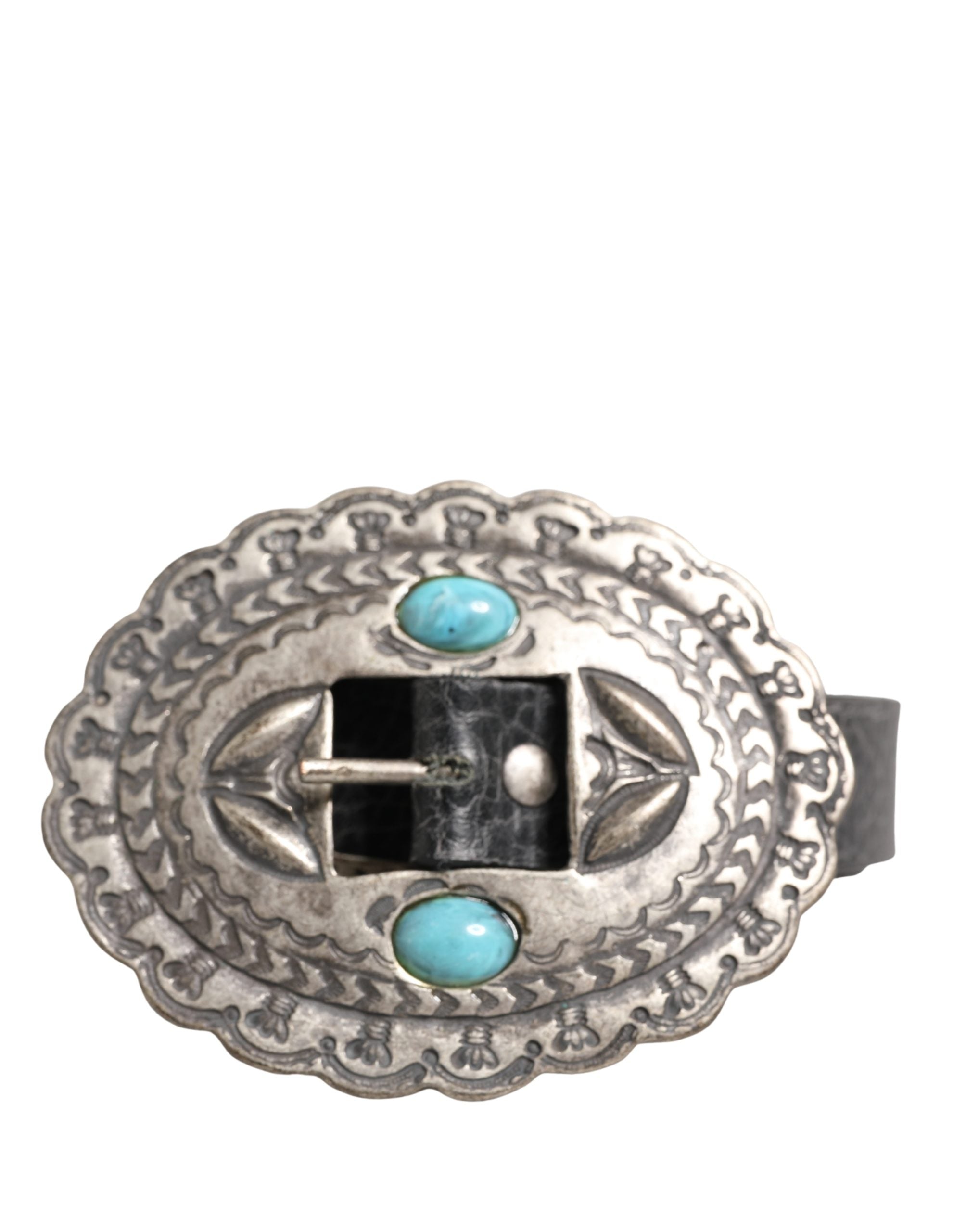 Black Turquoise Leather Embellished Oval Buckle Belt - ventzia