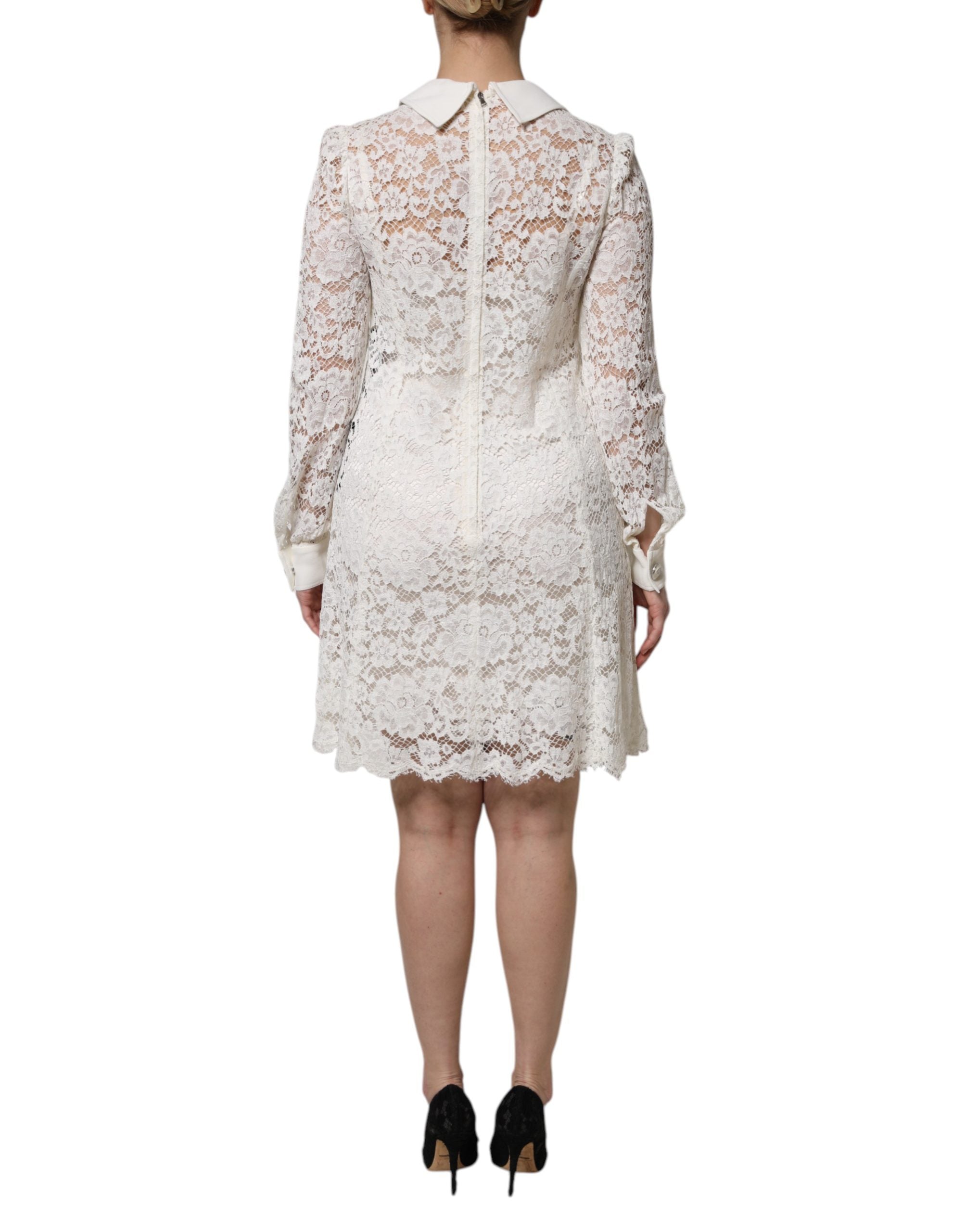 White Floral Lace Viscose Collared Mini Dress - ventzia