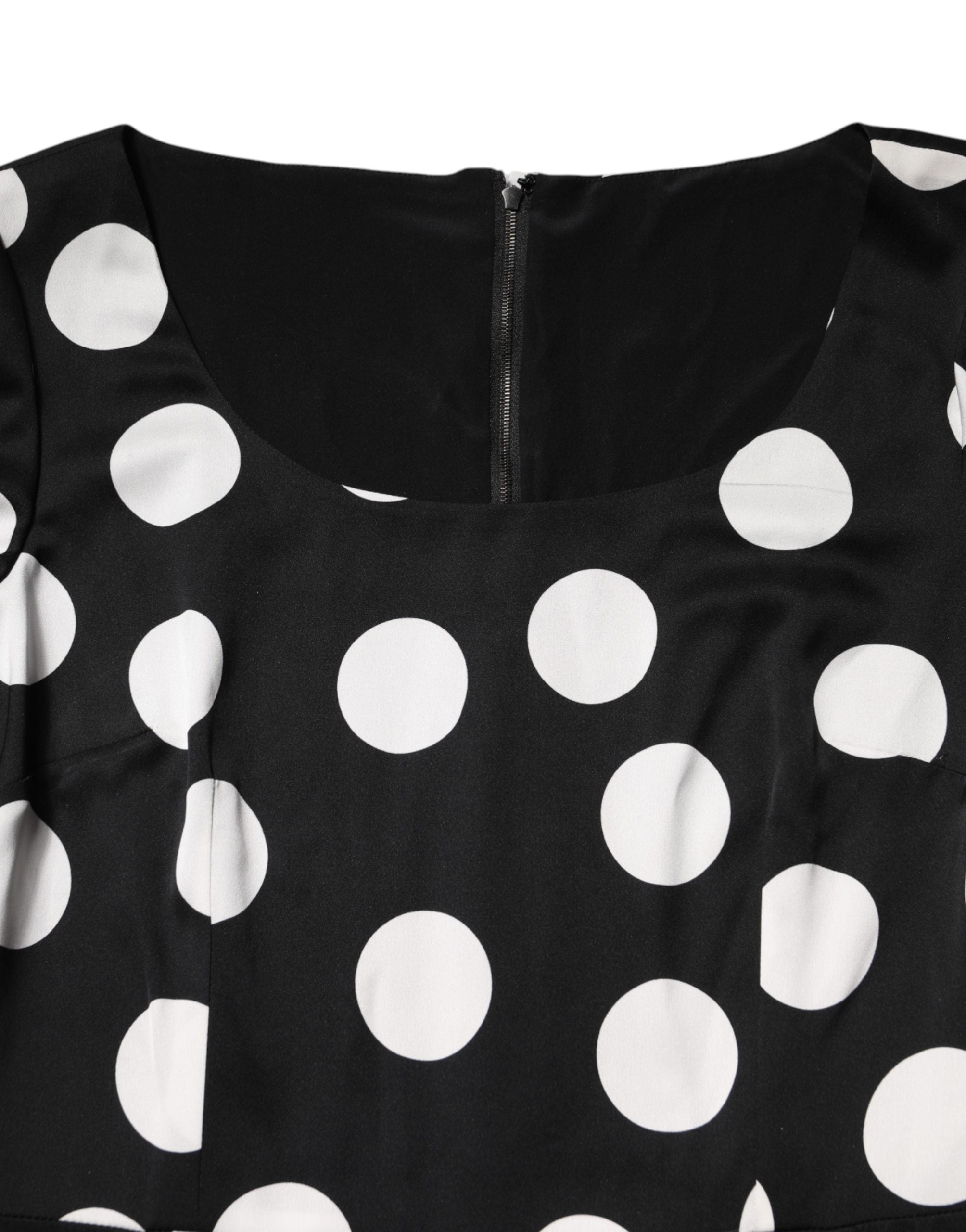 Black White Polka Dot Silk Sheath Midi Dress - ventzia