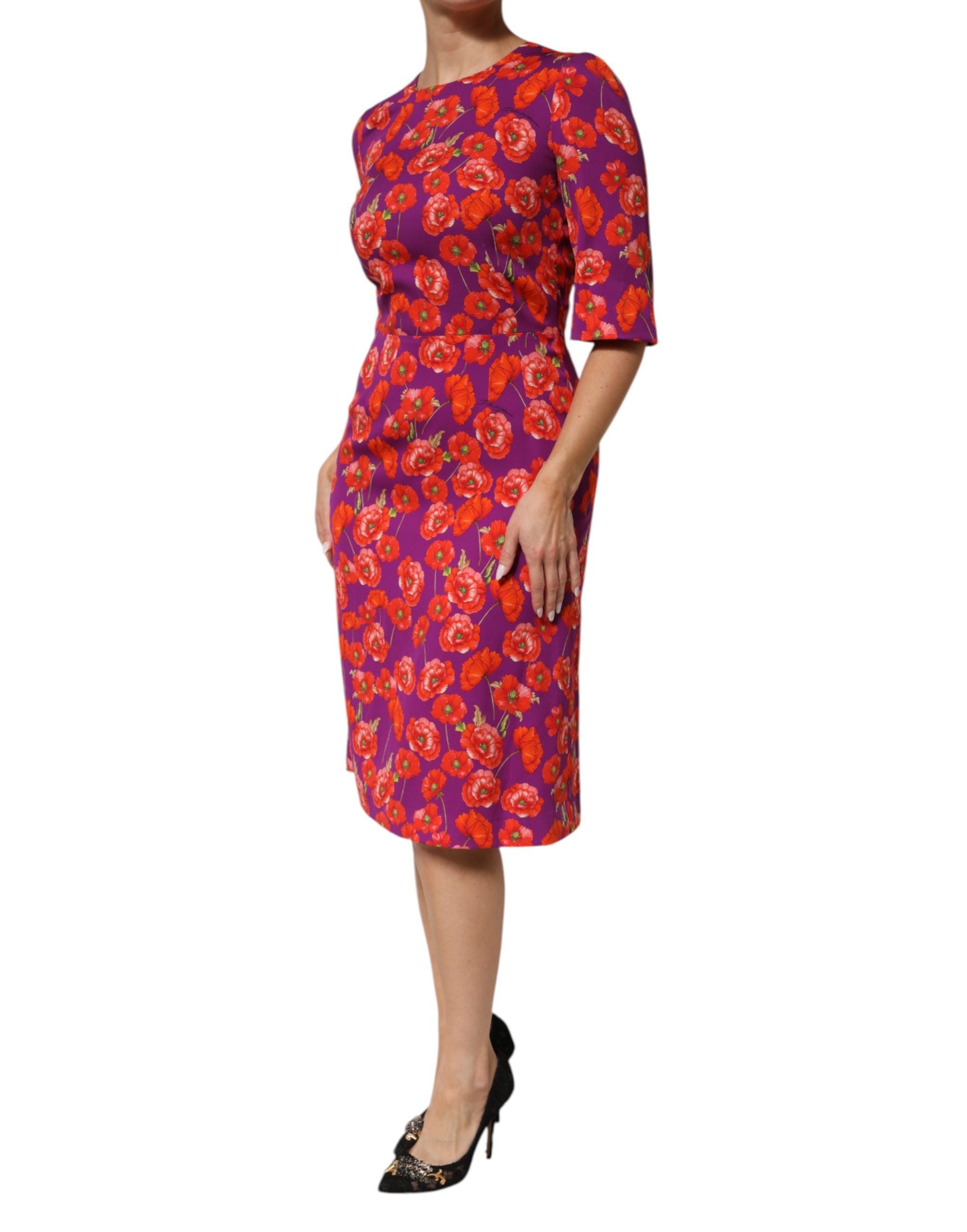 Purple Silk Floral Print Midi Sheath Dress - ventzia