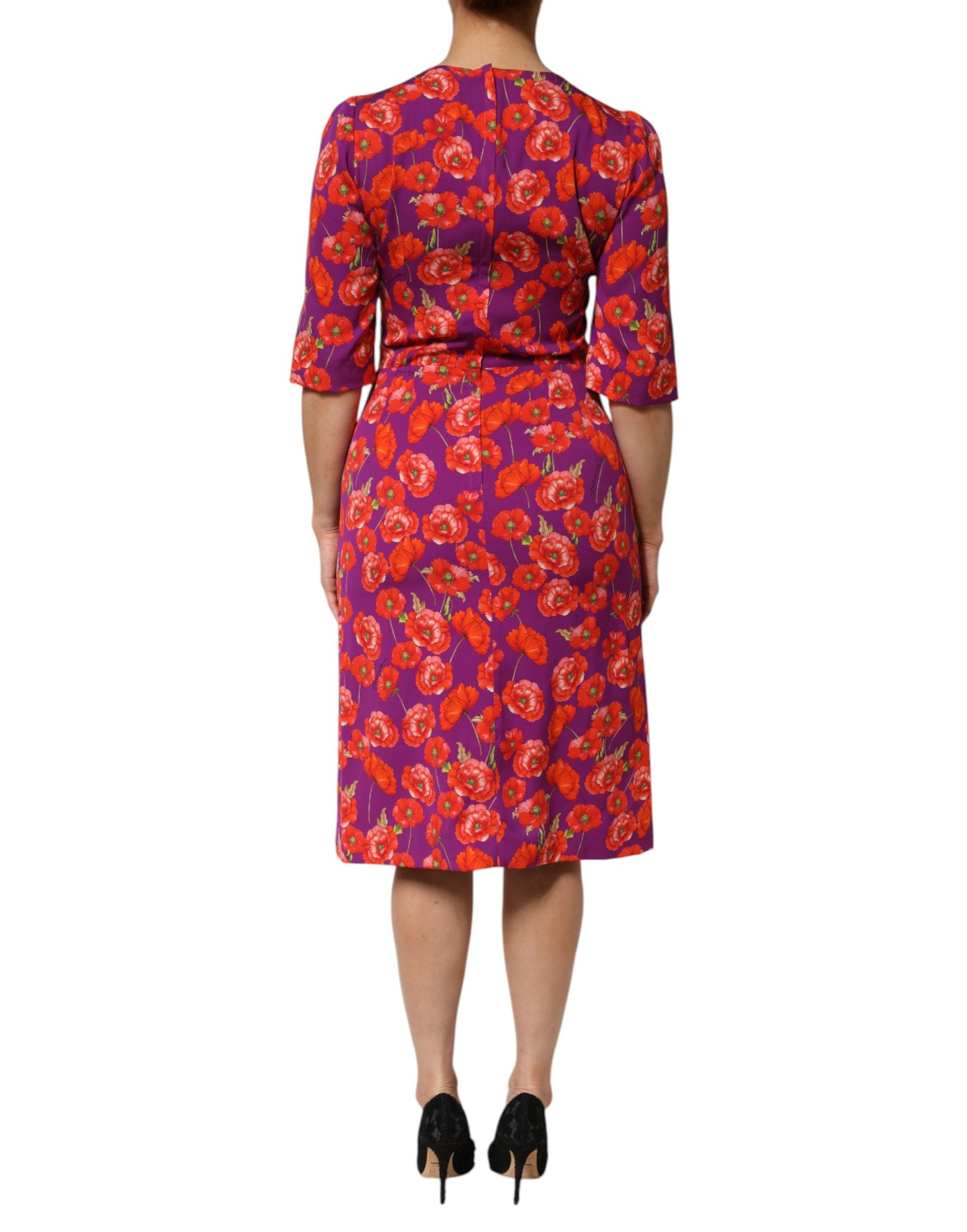 Purple Silk Floral Print Midi Sheath Dress - ventzia