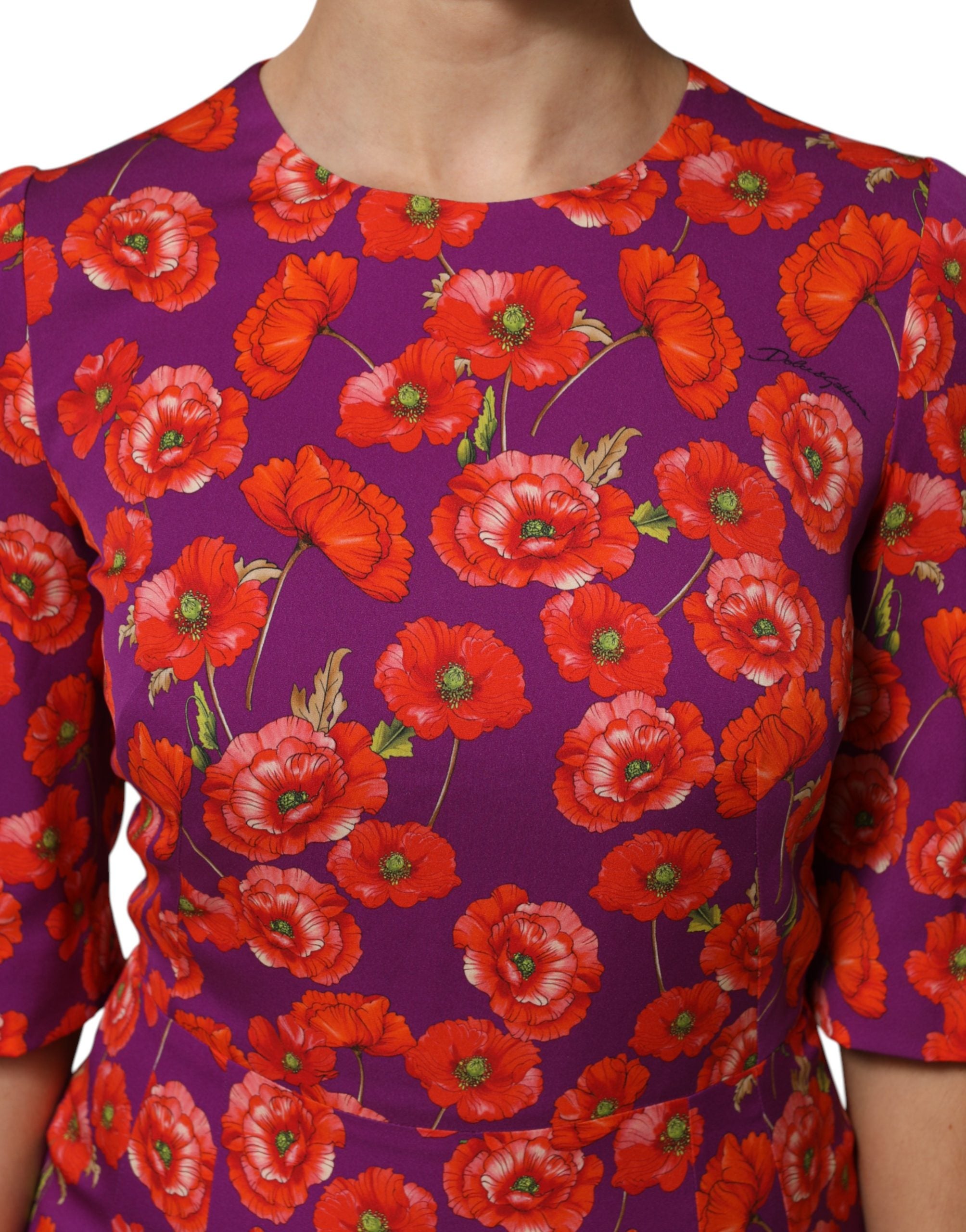 Purple Silk Floral Print Midi Sheath Dress - ventzia