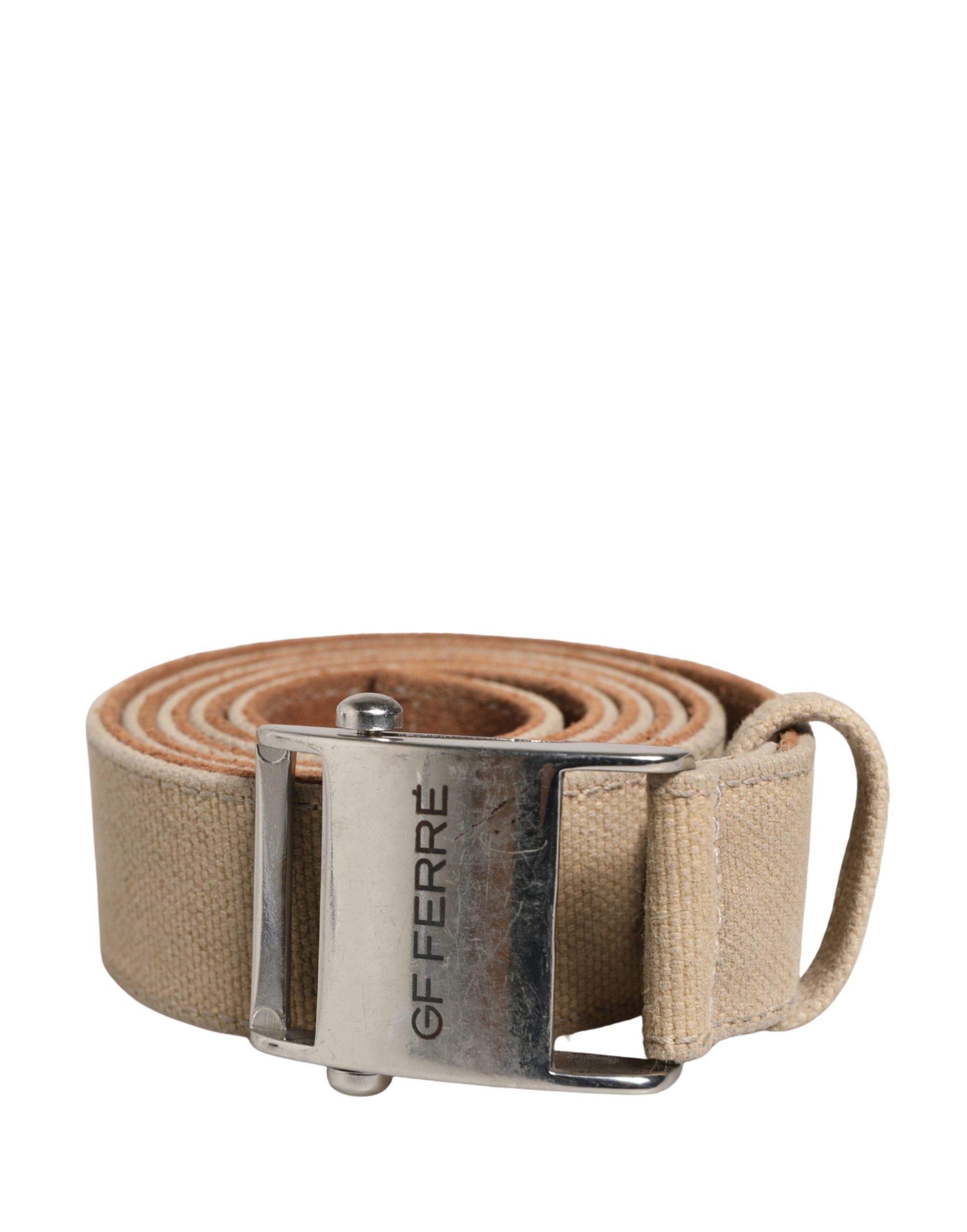 Men Beige Canvas Silver Metal Buckle Cintura Belt - ventzia