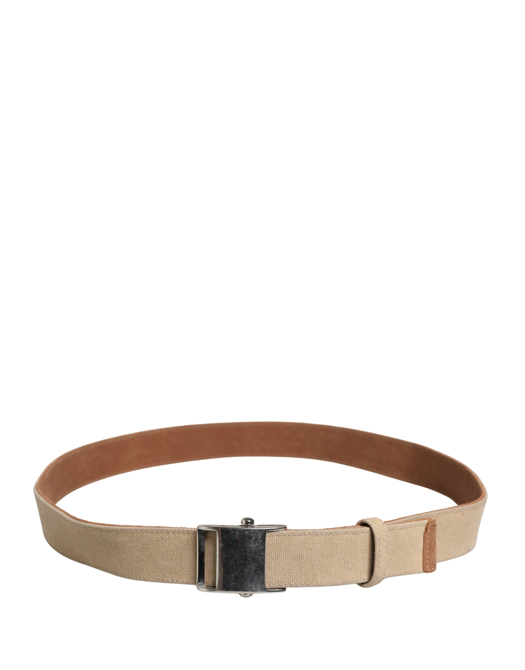 Men Beige Canvas Silver Metal Buckle Cintura Belt - ventzia