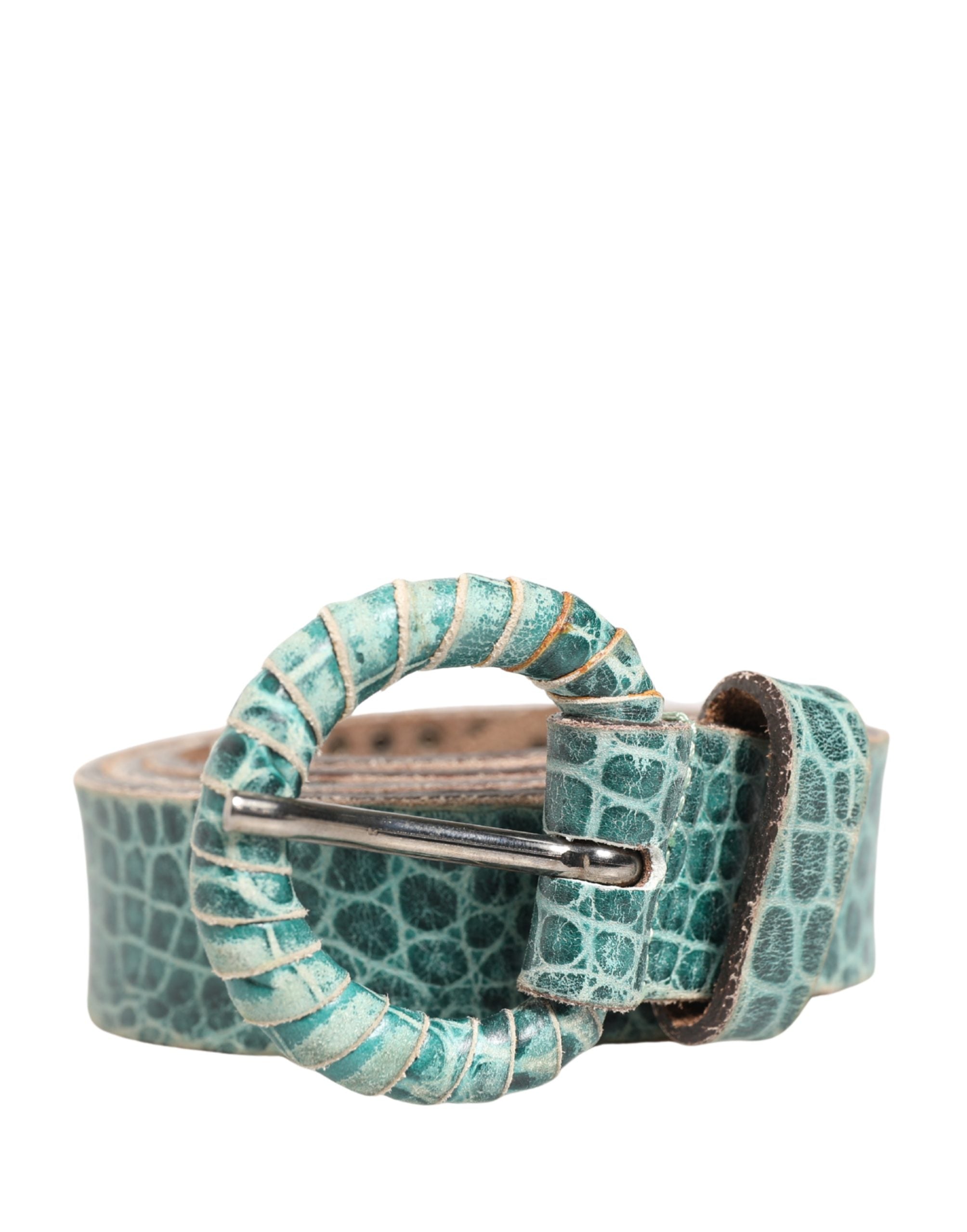 Women Green Leather Croco Print Studded Belt - ventzia