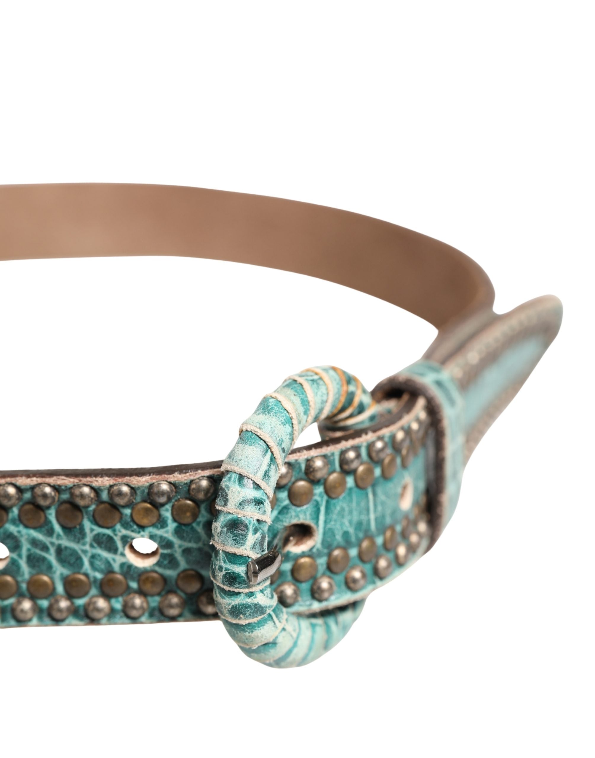 Women Green Leather Croco Print Studded Belt - ventzia