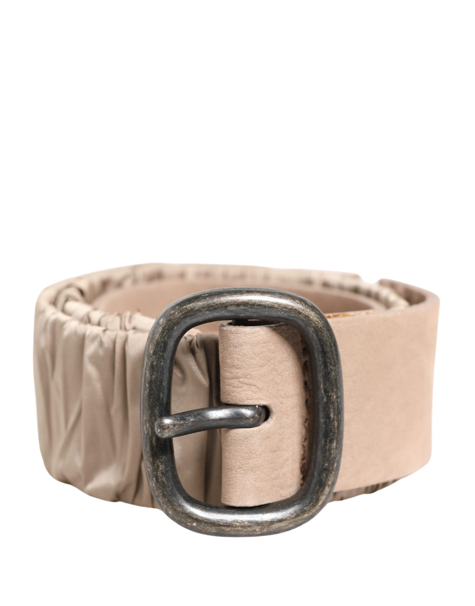 Women Beige Polyester Silver Metal Buckle Waist Belt - ventzia