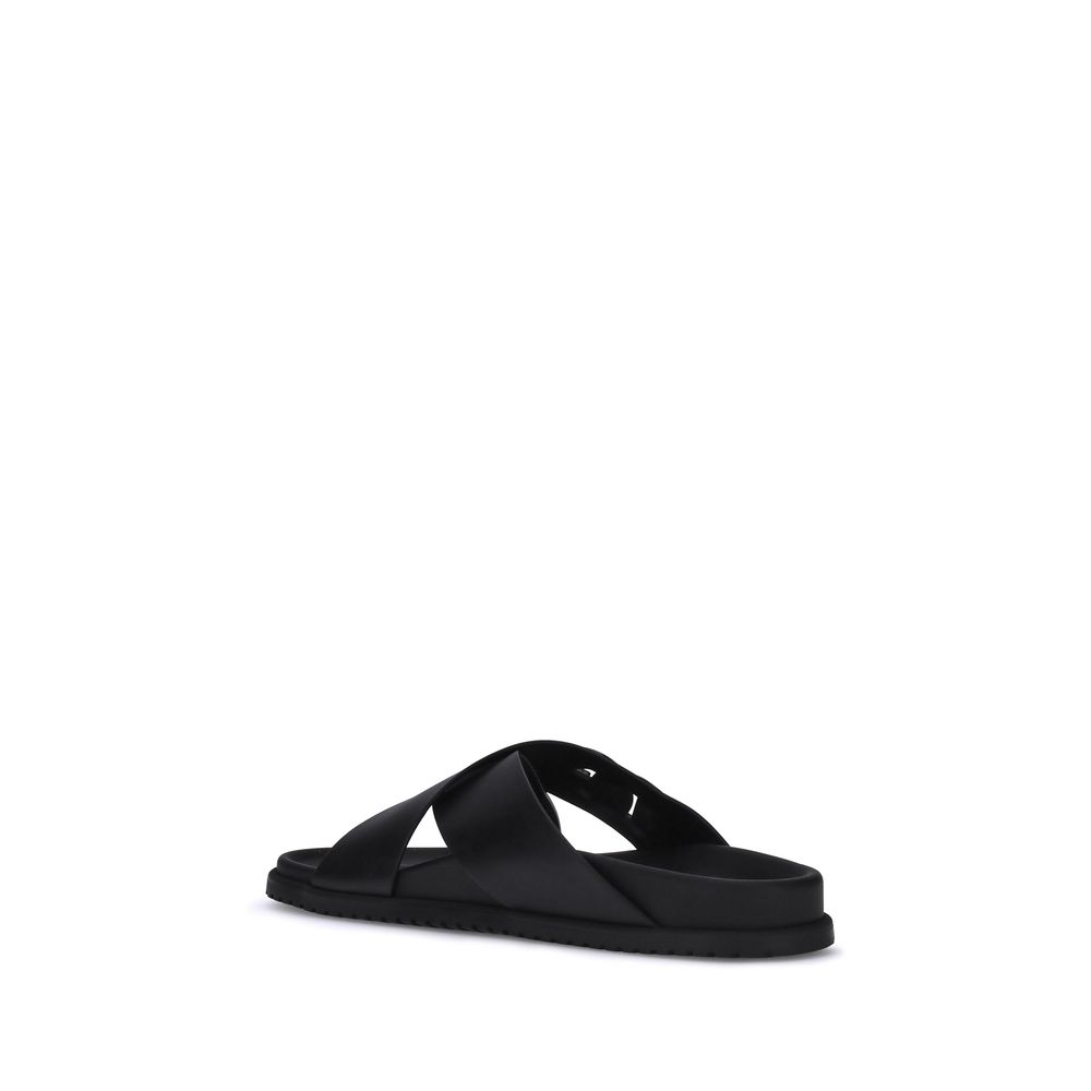 Black Calf Leather Bos Taurus Flat Sandals - ventzia