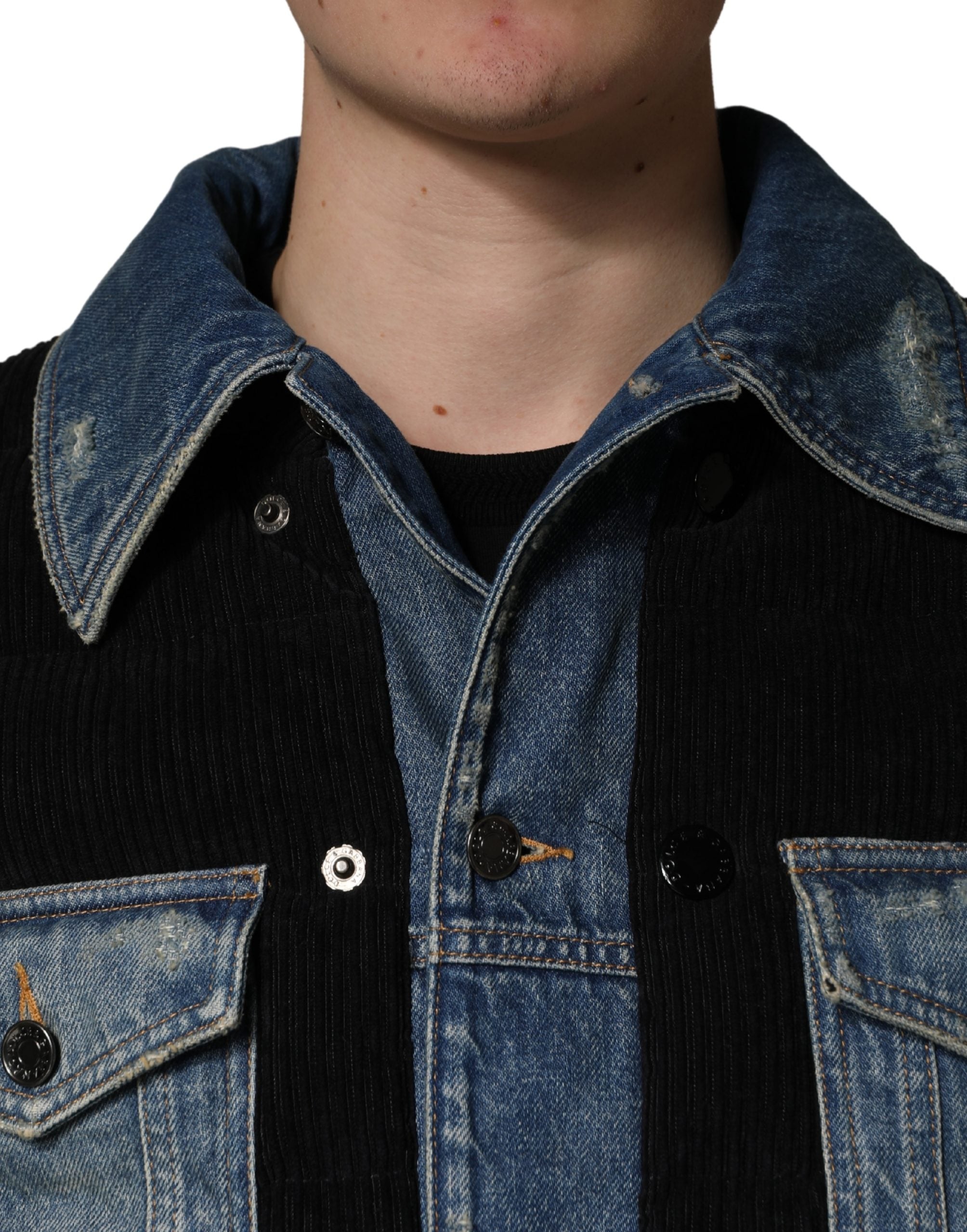 Black Blue Cotton Denim Blouson Men Jacket - ventzia