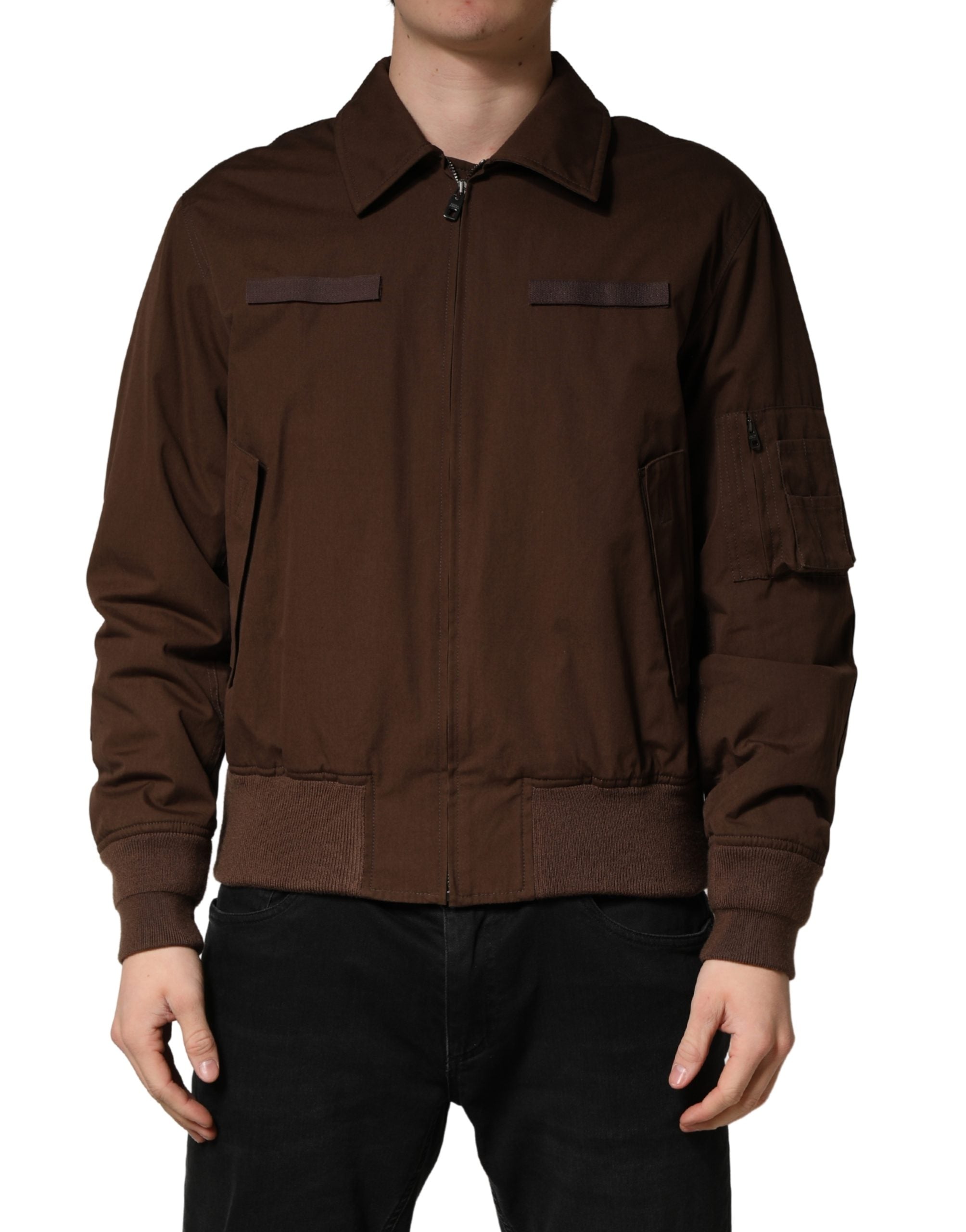 Brown Cotton Stretch Full Zip Bomber Jacket - ventzia