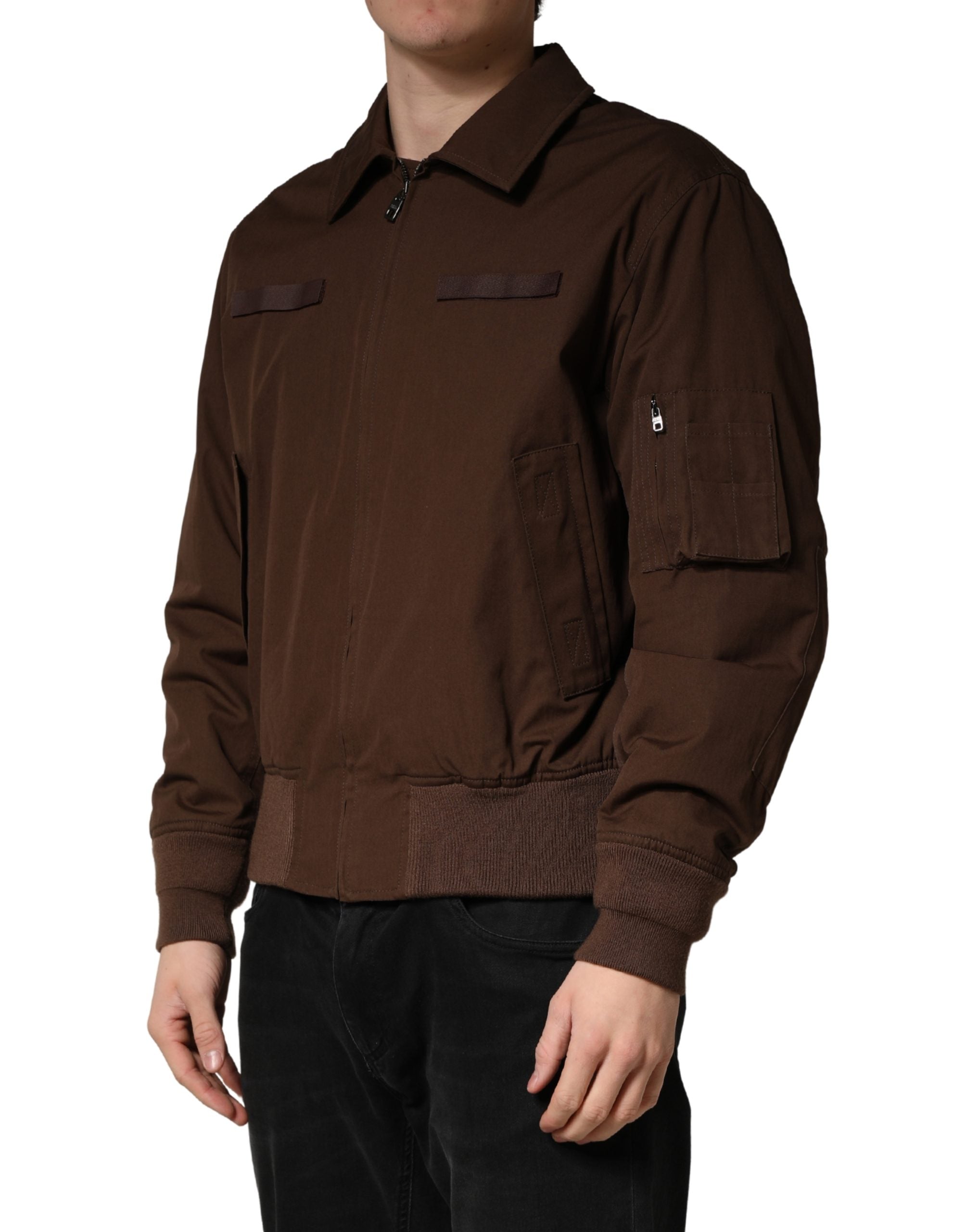 Brown Cotton Stretch Full Zip Bomber Jacket - ventzia