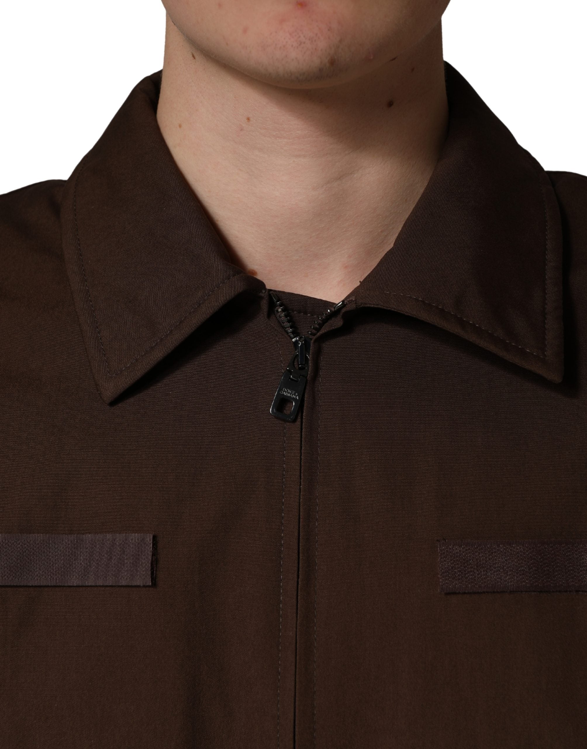 Brown Cotton Stretch Full Zip Bomber Jacket - ventzia