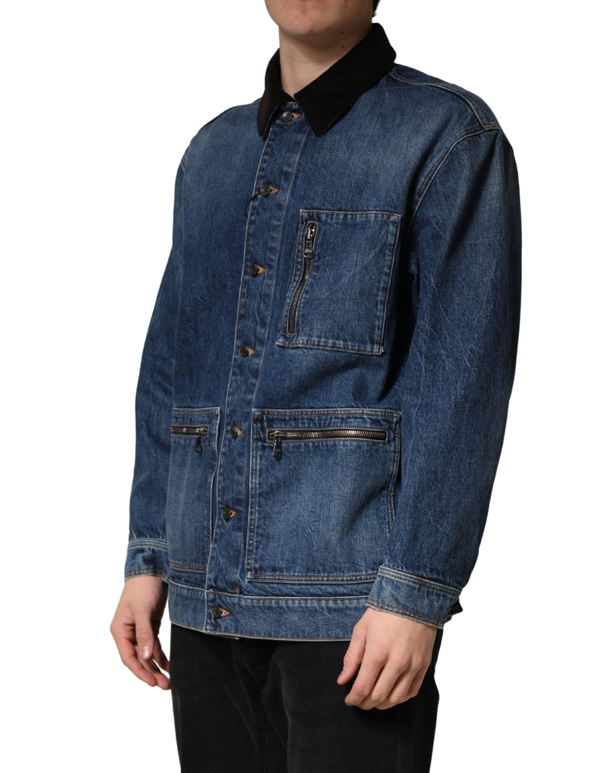 Black Blue Cotton Denim Blouson Men Jacket - ventzia