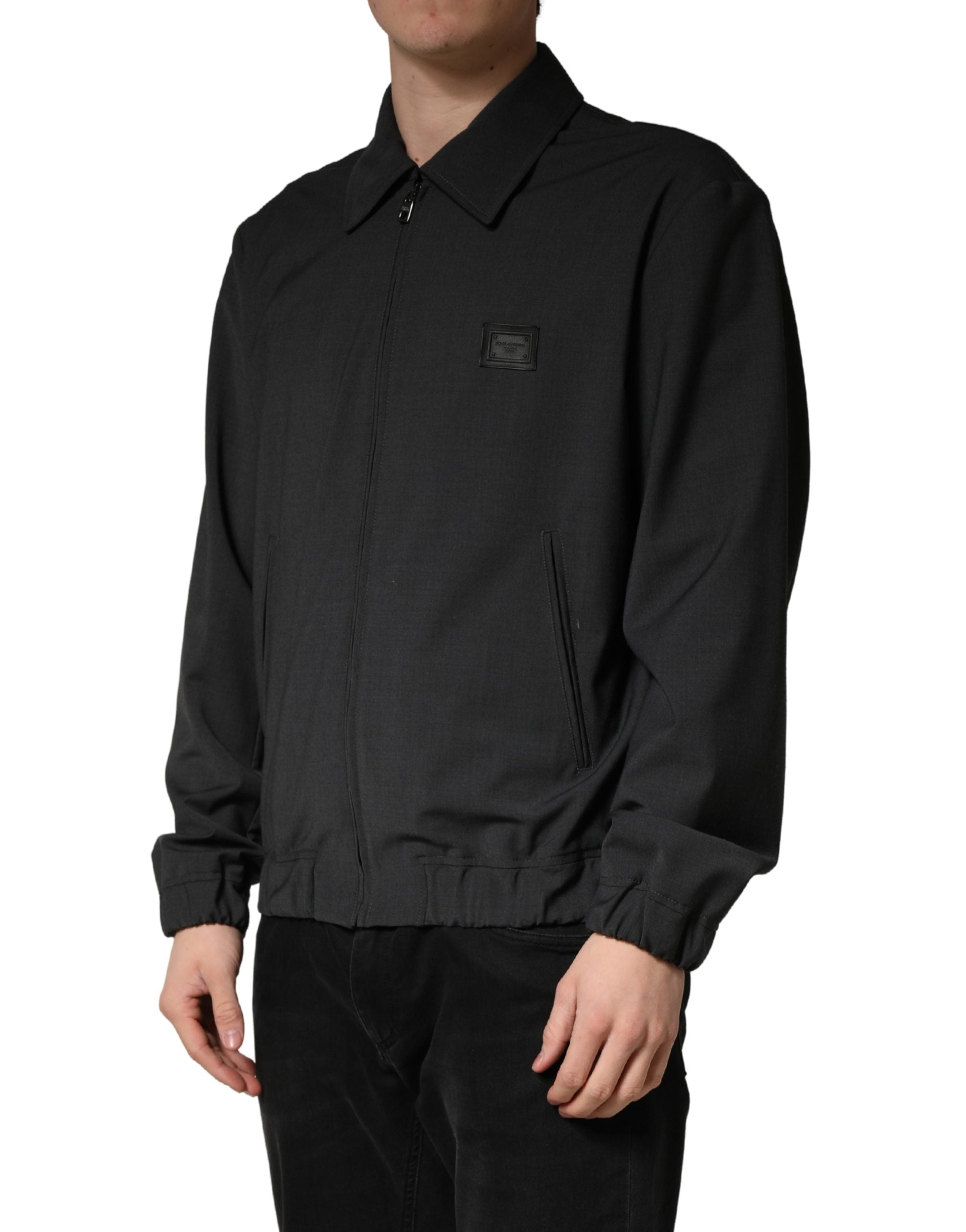 Black Wool Logo Full Zip Men Bomber Jacket - ventzia
