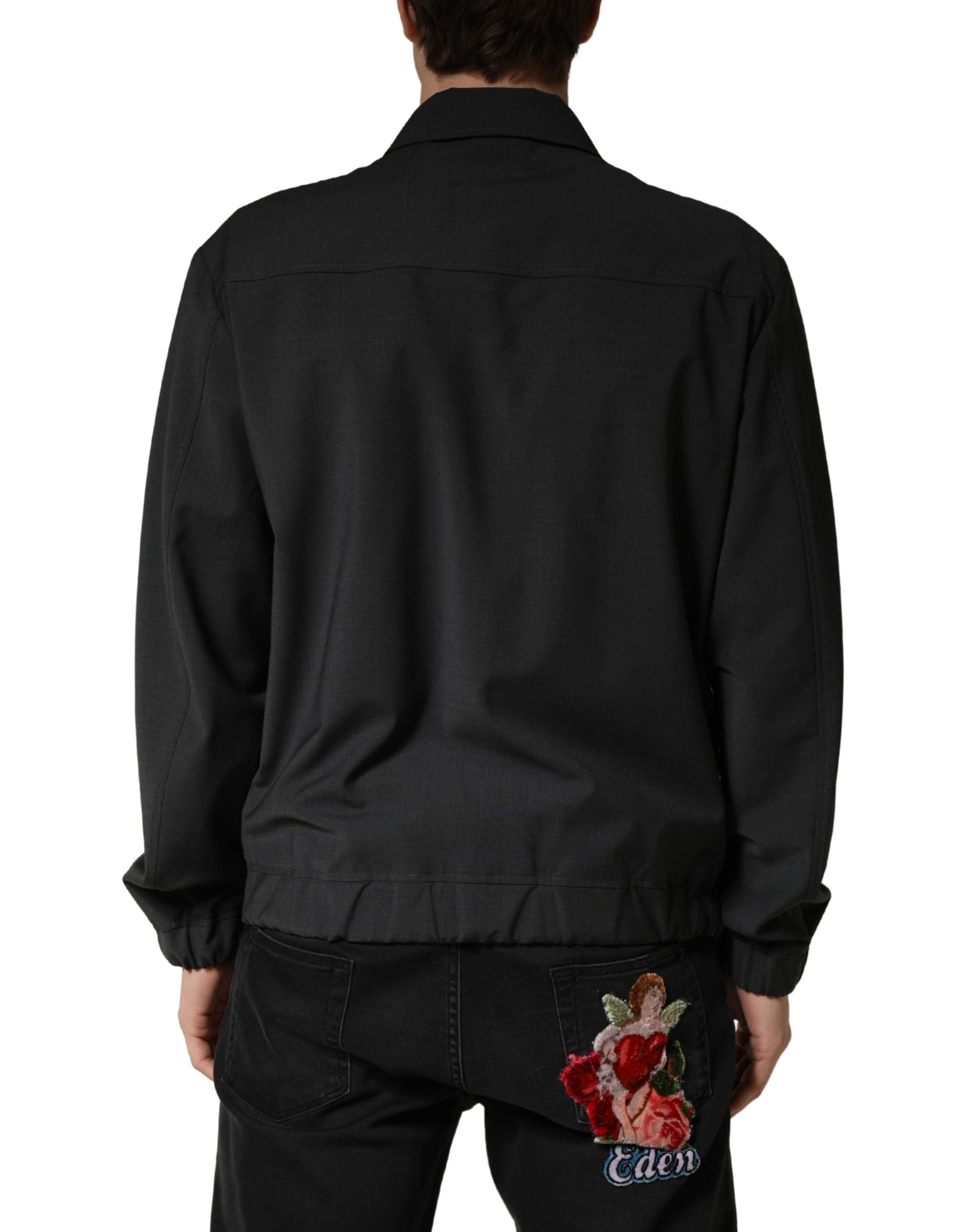 Black Wool Logo Full Zip Men Bomber Jacket - ventzia