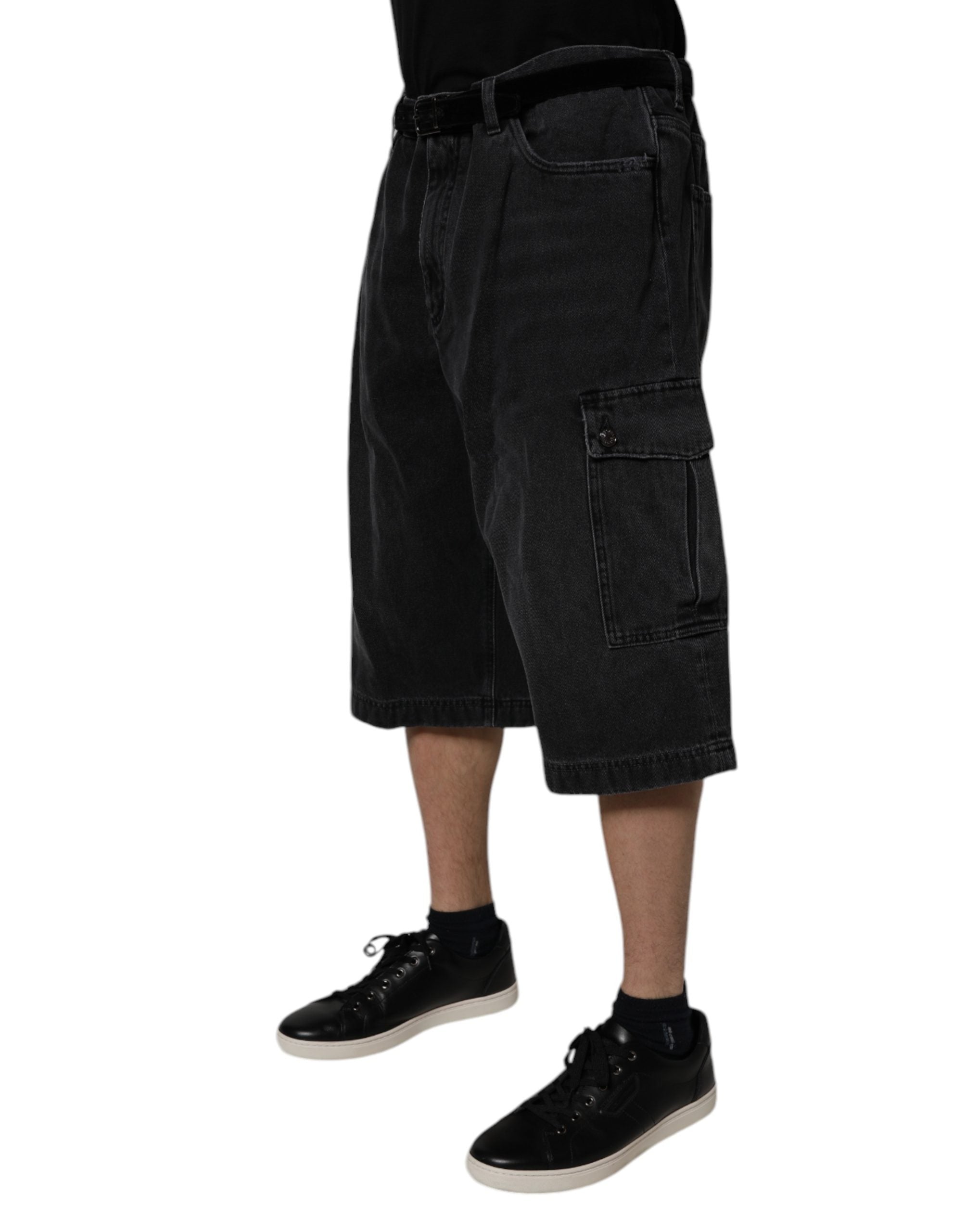 Black Mid Waist Denim Cargo Bermuda Shorts - ventzia