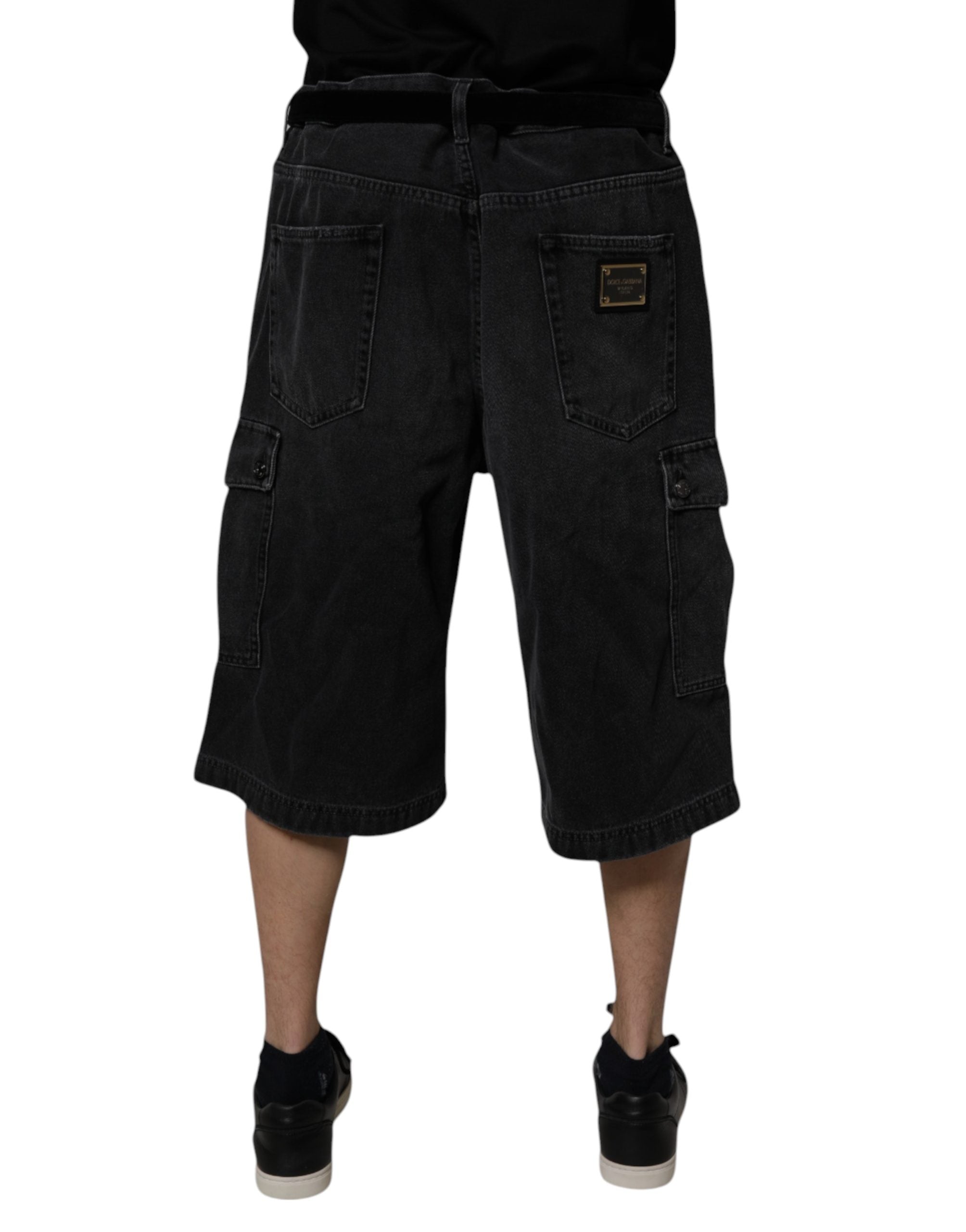 Black Mid Waist Denim Cargo Bermuda Shorts - ventzia