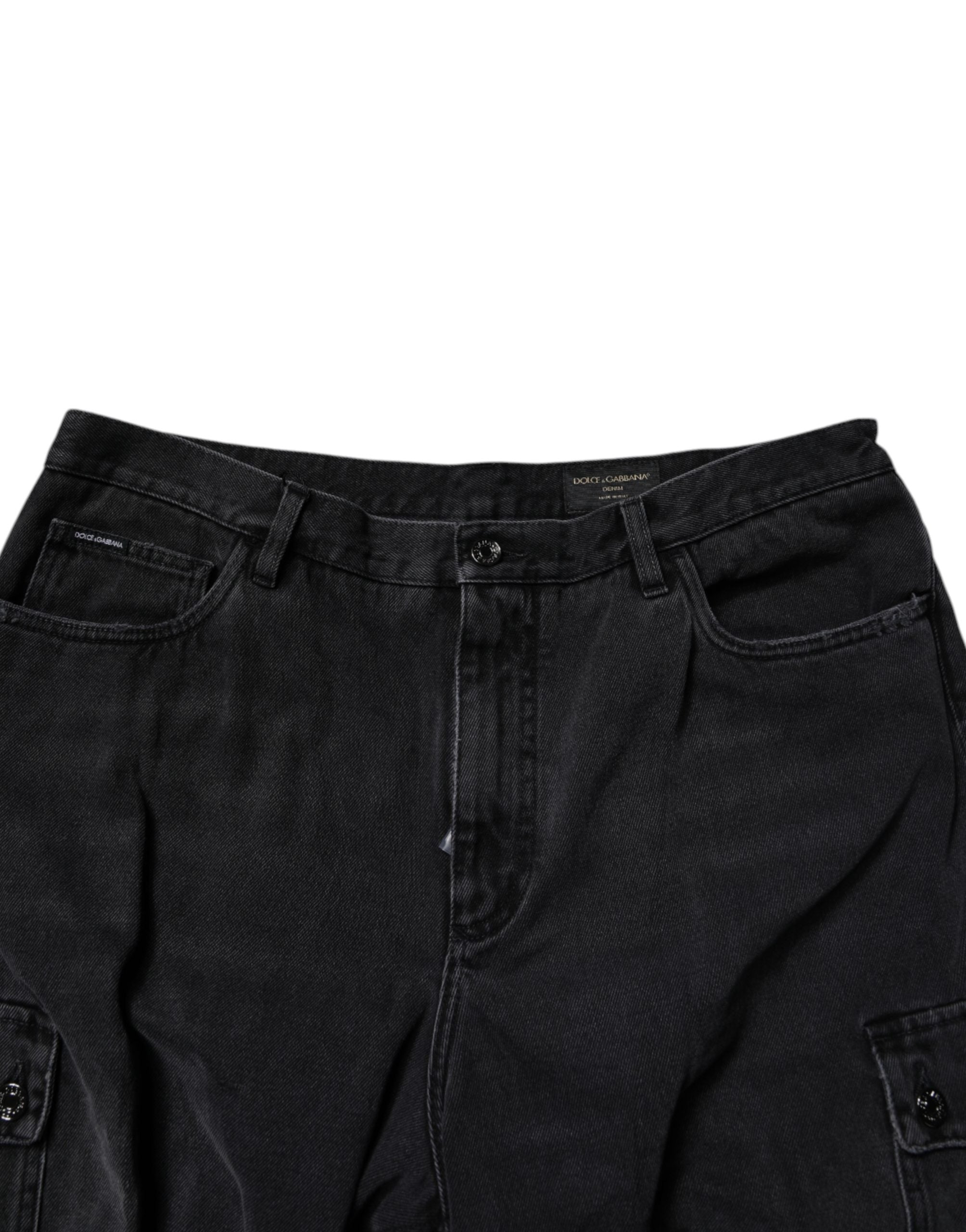 Black Mid Waist Denim Cargo Bermuda Shorts - ventzia