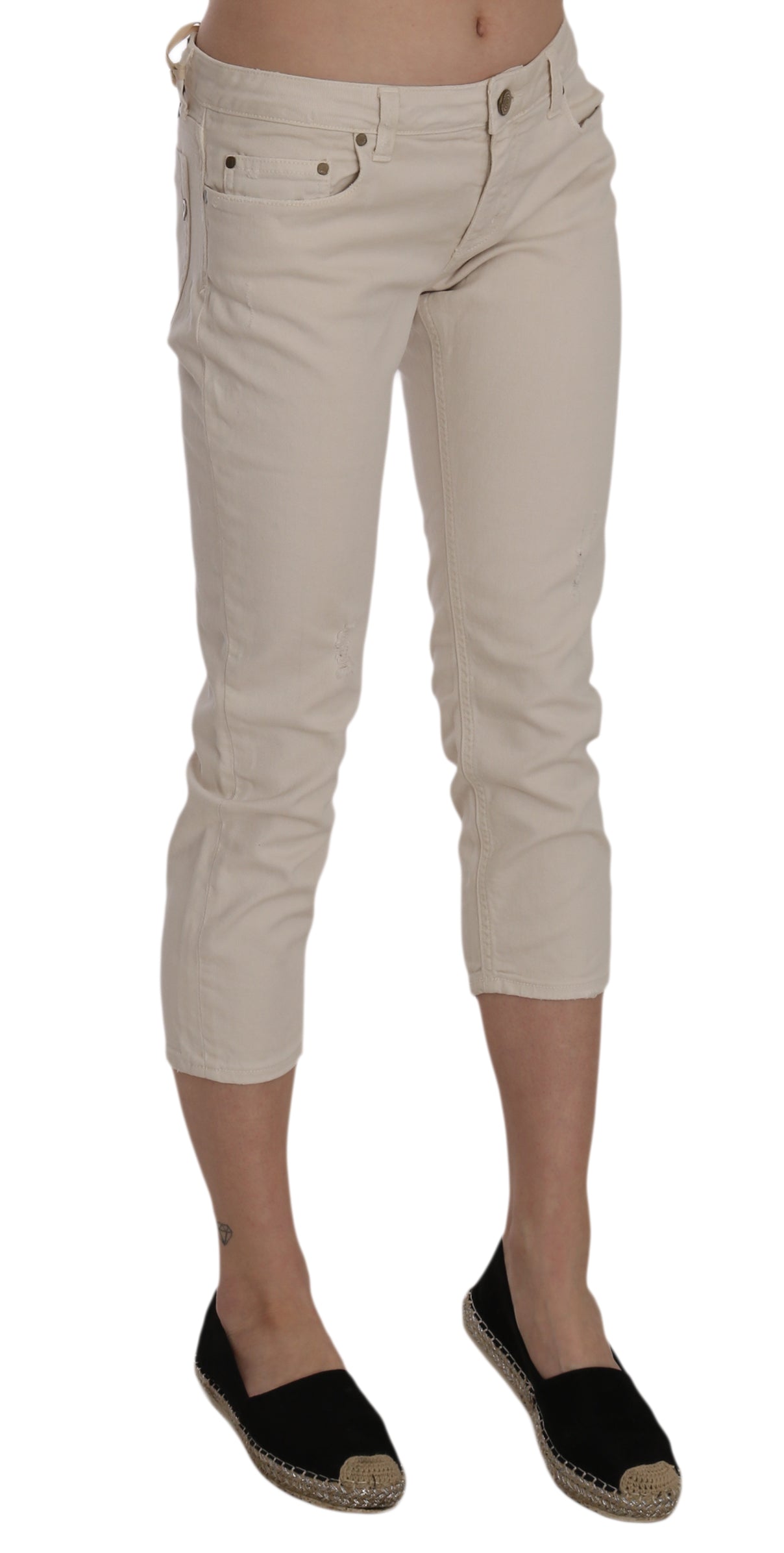 Beige Low Waist Skinny Cropped Capri Pants - ventzia