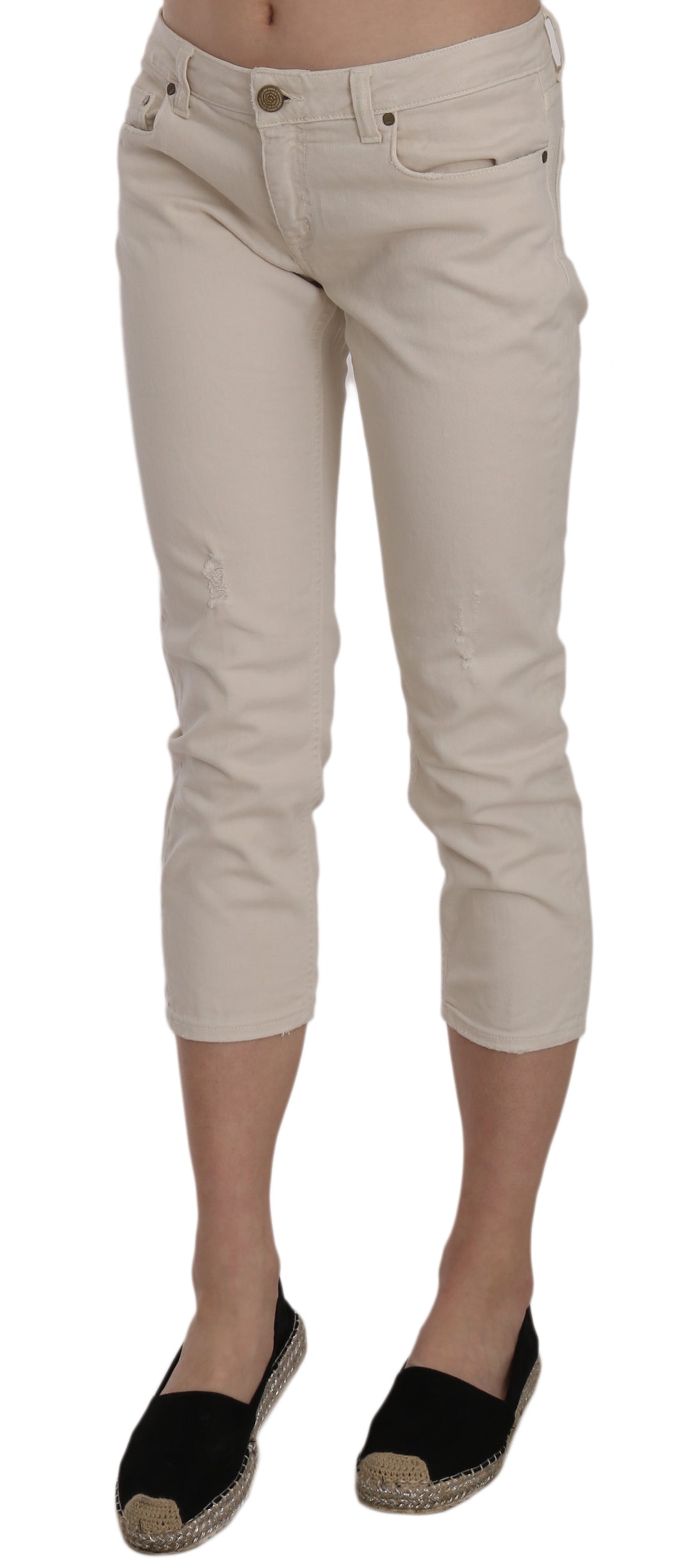 Beige Low Waist Skinny Cropped Capri Pants - ventzia