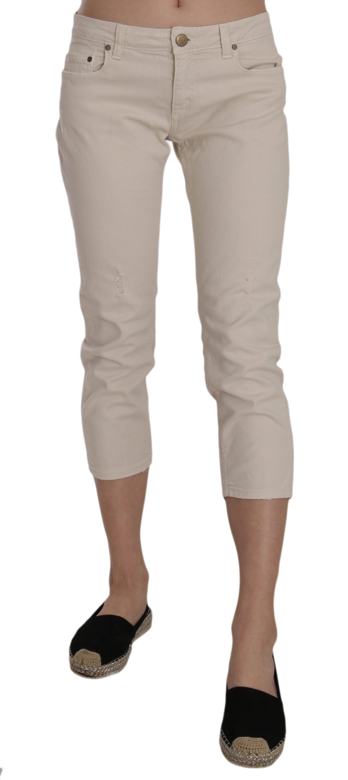 Beige Low Waist Skinny Cropped Capri Pants - ventzia