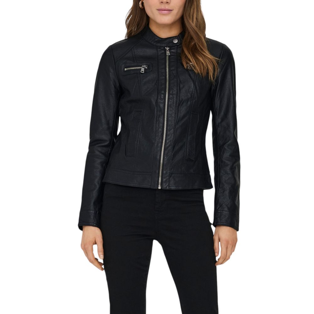 Black Polyester Biker Jacket - ventzia