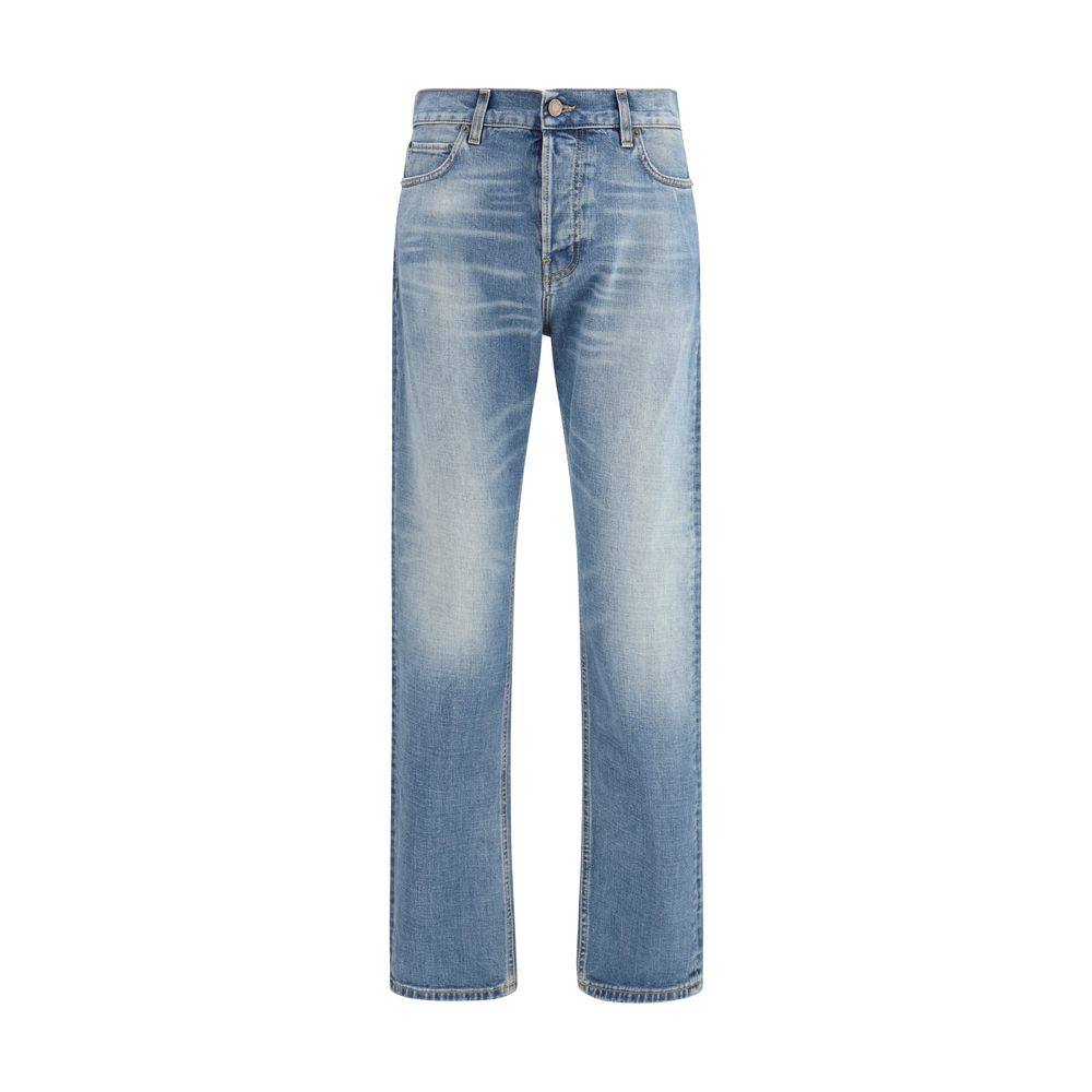 Blue Cotton Straight-Leg Jeans - ventzia