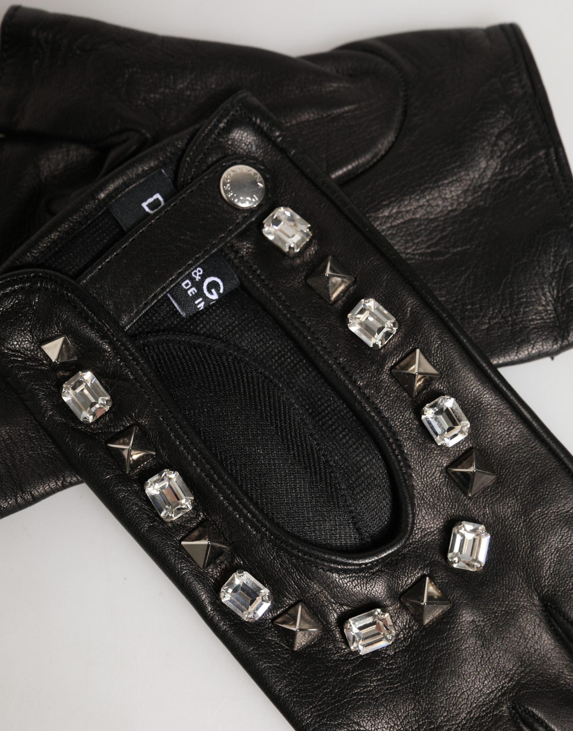 Women Black Embellished Wrist Length Mitten Gloves - ventzia