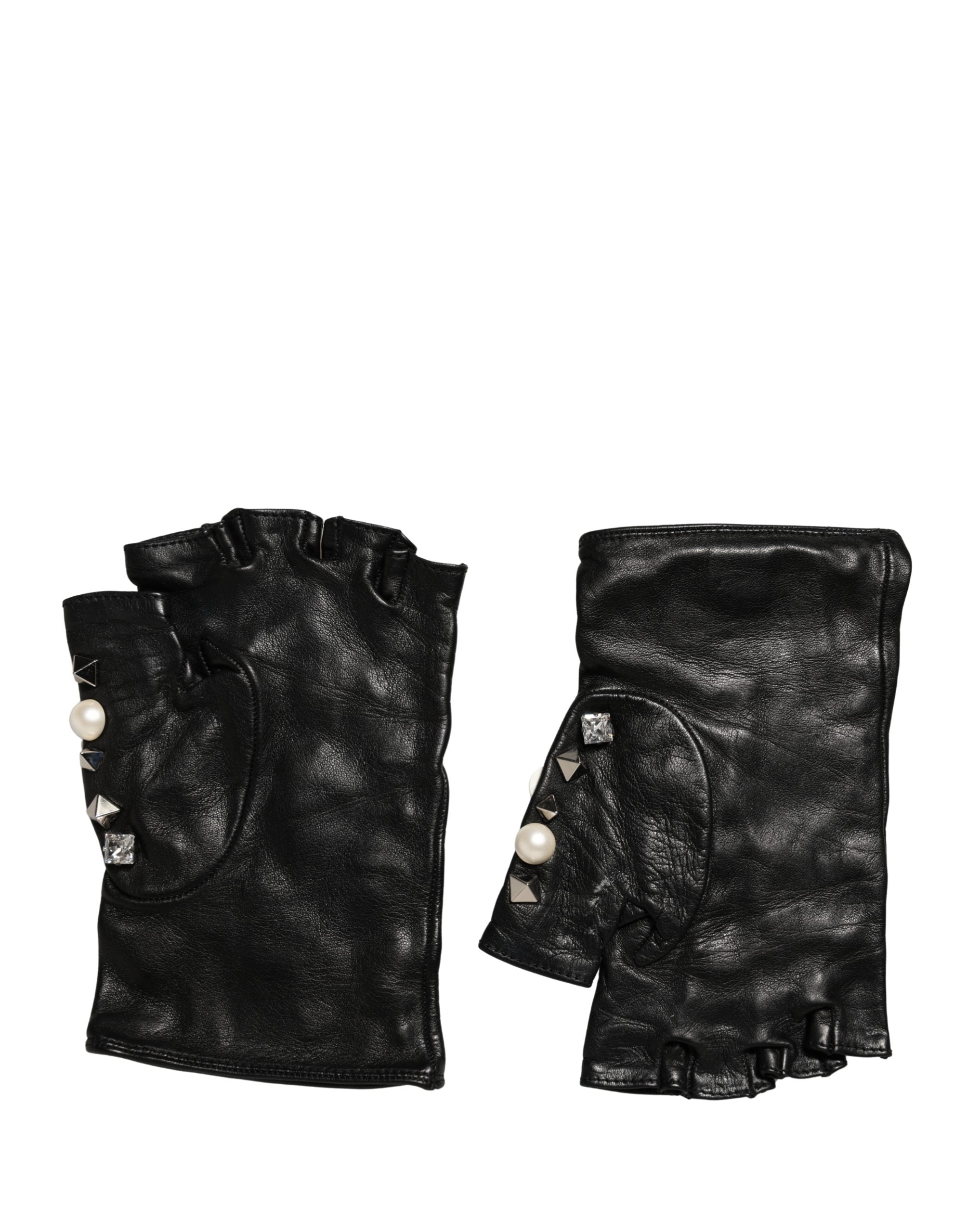 Black Pearl Embellished Wrist Length Gloves - ventzia